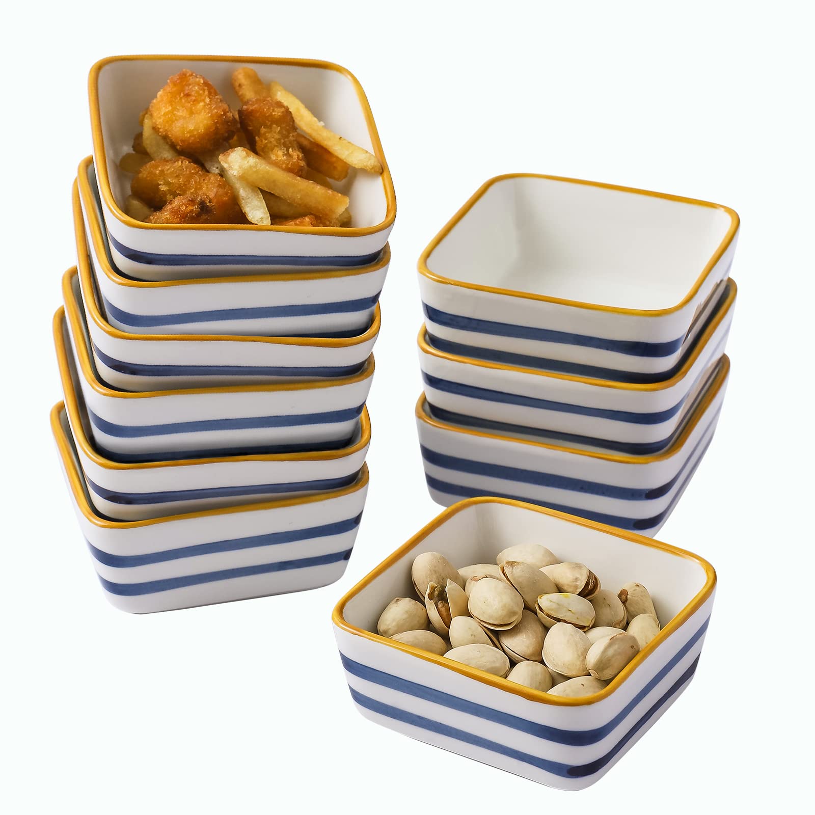 10-Pack 3.5 Inch Square Porcelain Ramekins (6 oz) - Oven-Safe Baking Dishes for Creme Brulee, Souffle, Custard & Pudding | Perfect for Appetizers, Dipping Sauces & Dessert Presentation (Blue Stripe Design)