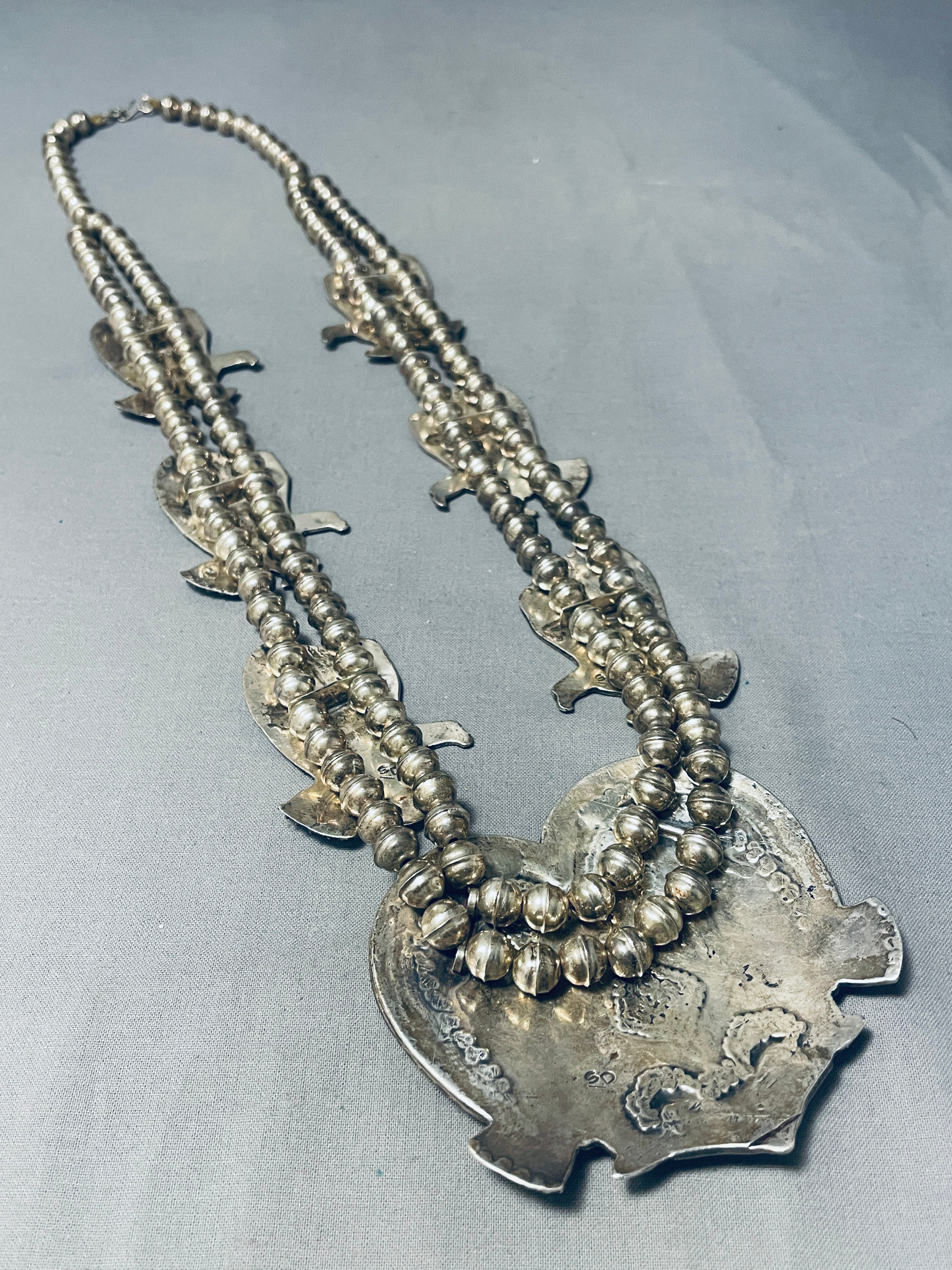 200 Gram Vintage Native American Navajo Sterling Silver Squash Blossom Necklace - Authentic Handmade Jewelry for Women, Perfect for Boho Fashion, Weddings & Special Occasions