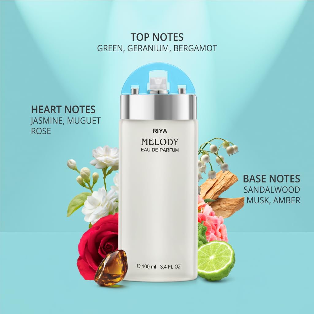 Riya Unisex Adult Melody Rose Eau De Perfume - 100ml (3.4 Fl Oz) Long Lasting Floral Fragrance for Women & Men - Perfect for Daily Wear, Date Nights & Special Occasions
