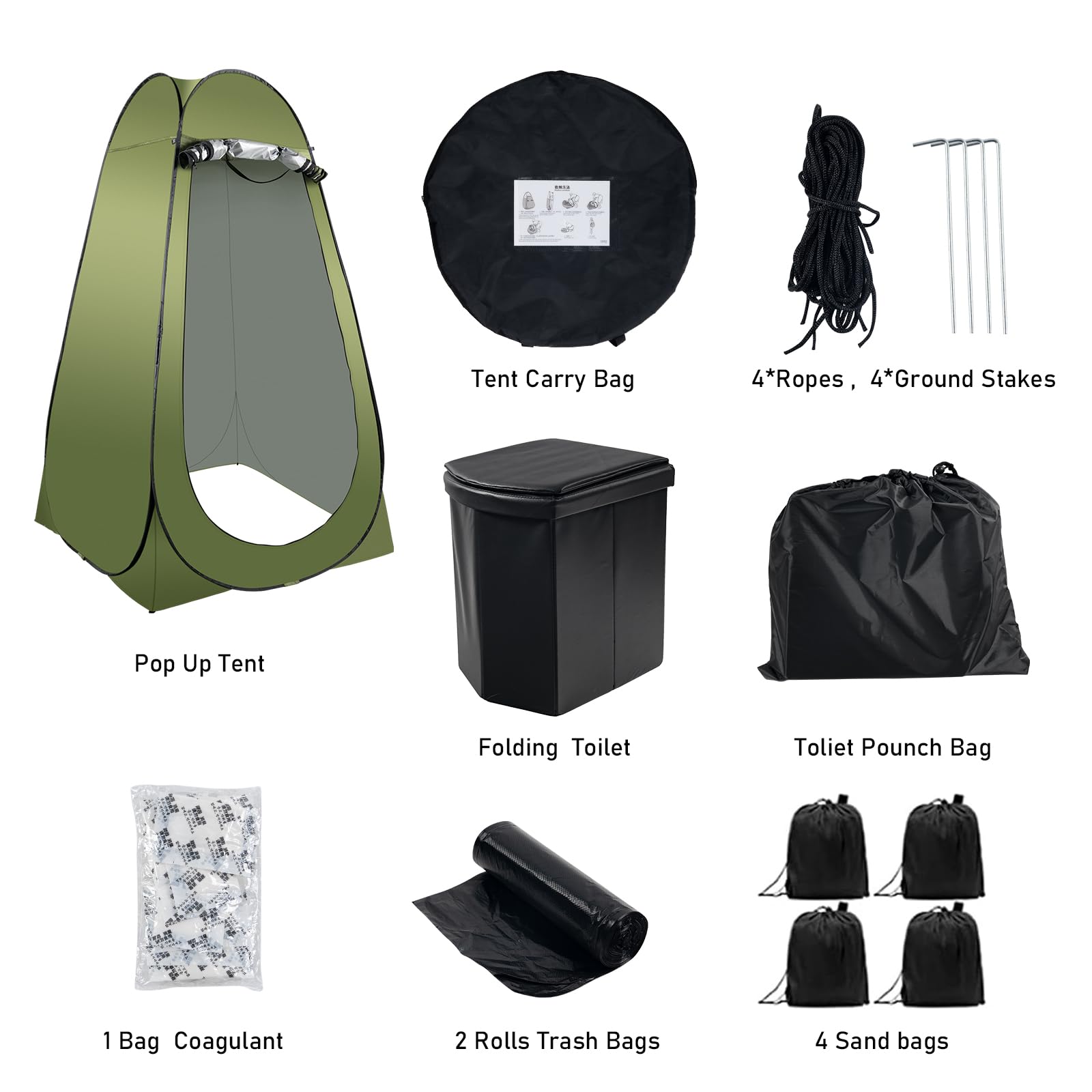 Portable Camping Toilet Kit with Privacy Tent - XL Folding Toilet for Adults, Outdoor Shower & Changing Room - Perfect for Camping, Hiking, RV Trips & Emergency Preparedness (Green)