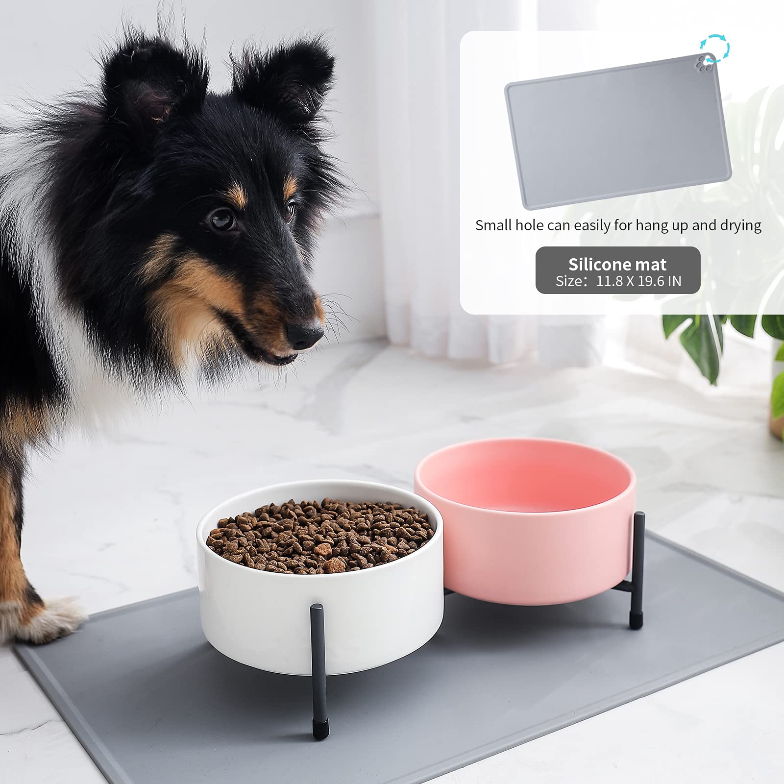 32oz Ceramic Raised Dog Bowls Set with Non-Slip Mat - 6 Inch Elevated Pet Food & Water Dishes with Metal Stand for Medium Dogs & Cats (Pink & White, 2-Pack) - Perfect for Dining Areas, Kitchens & Pet Feeding Stations