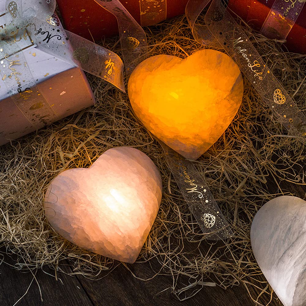 Rechargeable Selenite Crystal Lamp - Hand Carved Natural Stone Night Light with Dimmer (White/Warm/Yellow, Heart Shape) | Healing Crystal Light for Bedroom, Meditation & Yoga Space