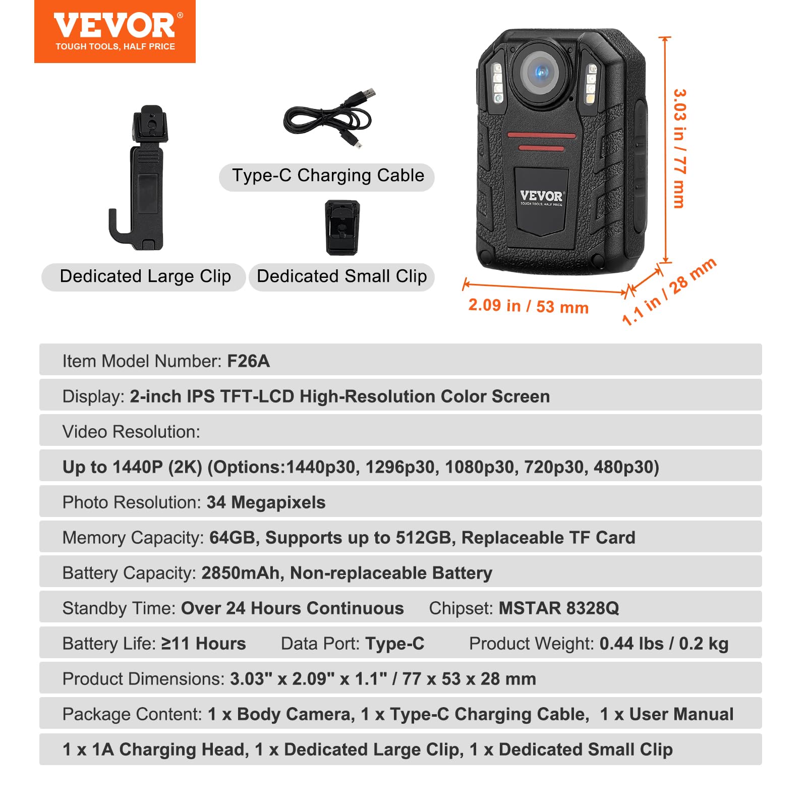 VEVOR 1440P HD Police Body Camera with Night Vision - 64GB Body Cam for Law Enforcement, Audio Video Recording, 2850mAh Battery, 2