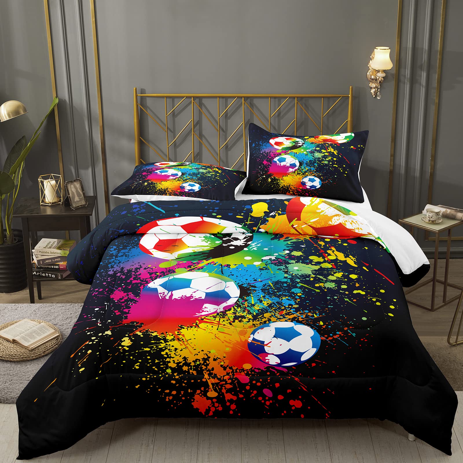 Boys Soccer Comforter Set King - Sports Bedding for Teens & Kids with Pillowcases - Perfect for Bedrooms & Dorms