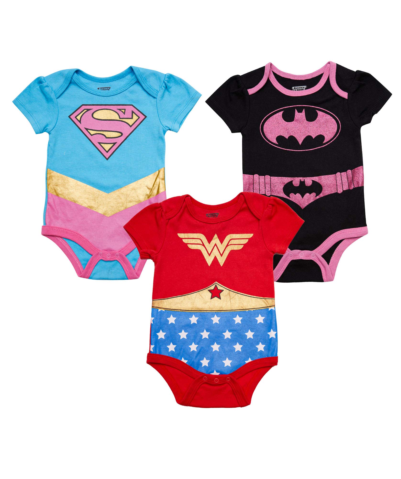 DC Comics Justice League Baby Girls Bodysuit 3-Pack - Cute Superhero Outfits for Newborn & Infant Girls - Perfect for Playtime, Photo Shoots & Superhero-Themed Parties