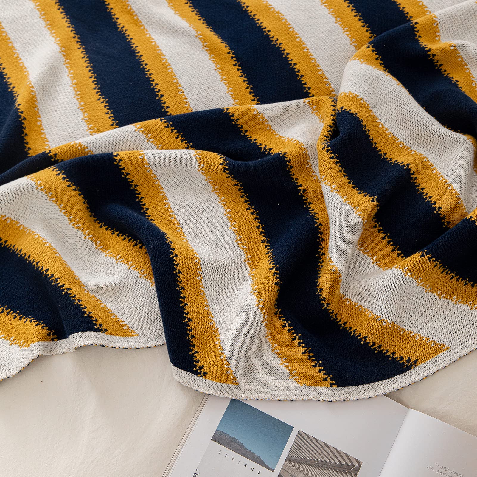 100% Cotton Striped Knit Throw Blanket - Ultra Soft Lightweight Geometric Blanket for Couch, Sofa & Bed - Cozy Decorative Blanket for Women, Men & Kids - Perfect for Lounging, Gifting & Home Decor (Yellow)