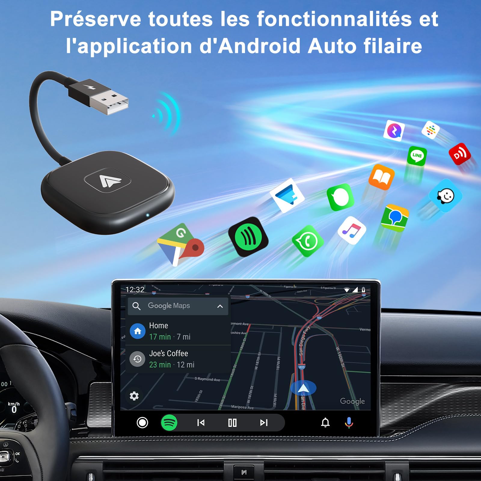 Wireless Android Auto Adapter for Car - USB Dongle Converts Wired to Wireless Android Auto - Compatible with Android 11+ & 98% of Vehicles - Perfect for Hands-Free Navigation, Music & Calls While Driving