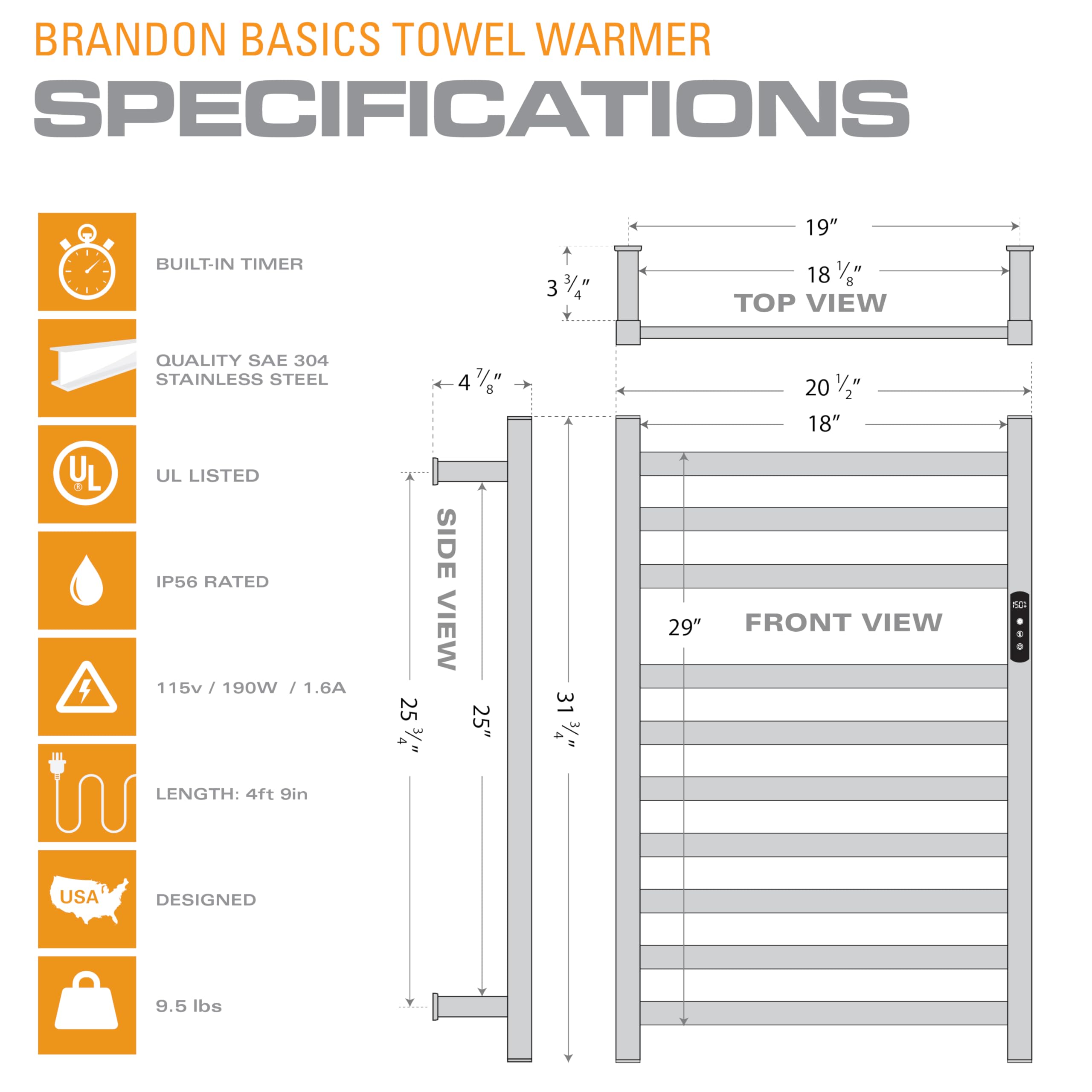Brandon Basics Wall Mounted Electric Towel Warmer with Timer - Hardwired & Plug-in Options - Polished Chrome Finish - Perfect for Bathrooms, Spas & Luxury Homes