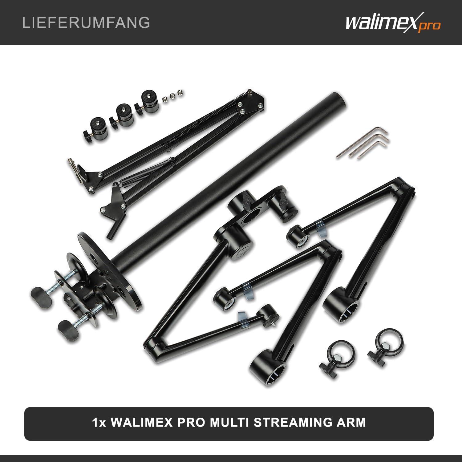 Walimex Pro Flexible Microphone Boom Arm & Table Tripod Stand - Heavy Duty 2kg Capacity with 360° Ball Head for Camera, LED Lights - Perfect for Streaming, Vlogging, Video Calls & Studio Setup - Fits Tables up to 65mm Thick