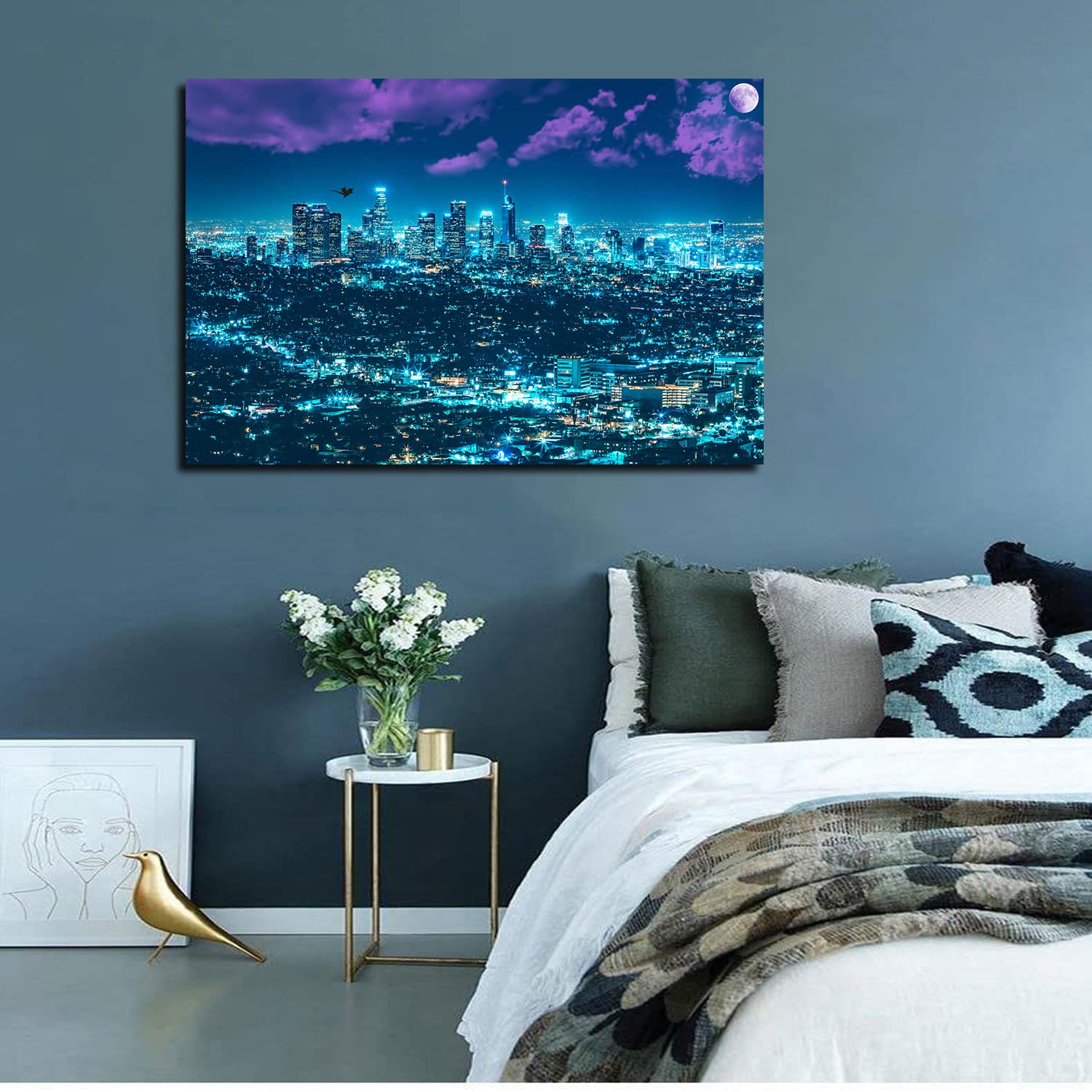 Los Angeles City Skyline Canvas Art - Downtown Night Fantasy Wall Painting, Framed Wall Decor for Home, Office, Bedroom & Living Room, Ready to Hang | Perfect for Modern Home Decor & Office Inspiration