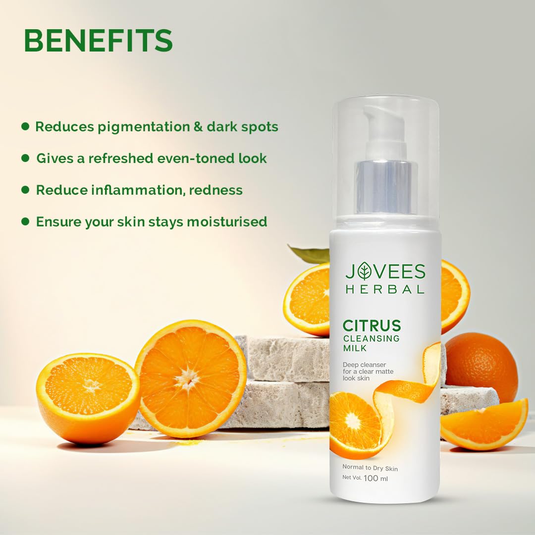 Jovees Herbal Citrus Cleansing Milk with Lemon Peel, Almond & Coconut Oil - Gentle Face Wash for Soft, Clean & Healthy Skin | Makeup Remover & Dirt Cleanser for Normal to Dry Skin | Perfect for Daily Skincare Routine & Post-Makeup Cleansing - 100ml