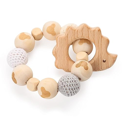 Organic Wooden Baby Rattle & Teether Toy for 0-6 Months - BPA Free Teething Ring, Newborn Sensory Toy for Tummy Time, Developmental Play & Soothing Gums - Perfect for Nursery, Travel & Early Learning