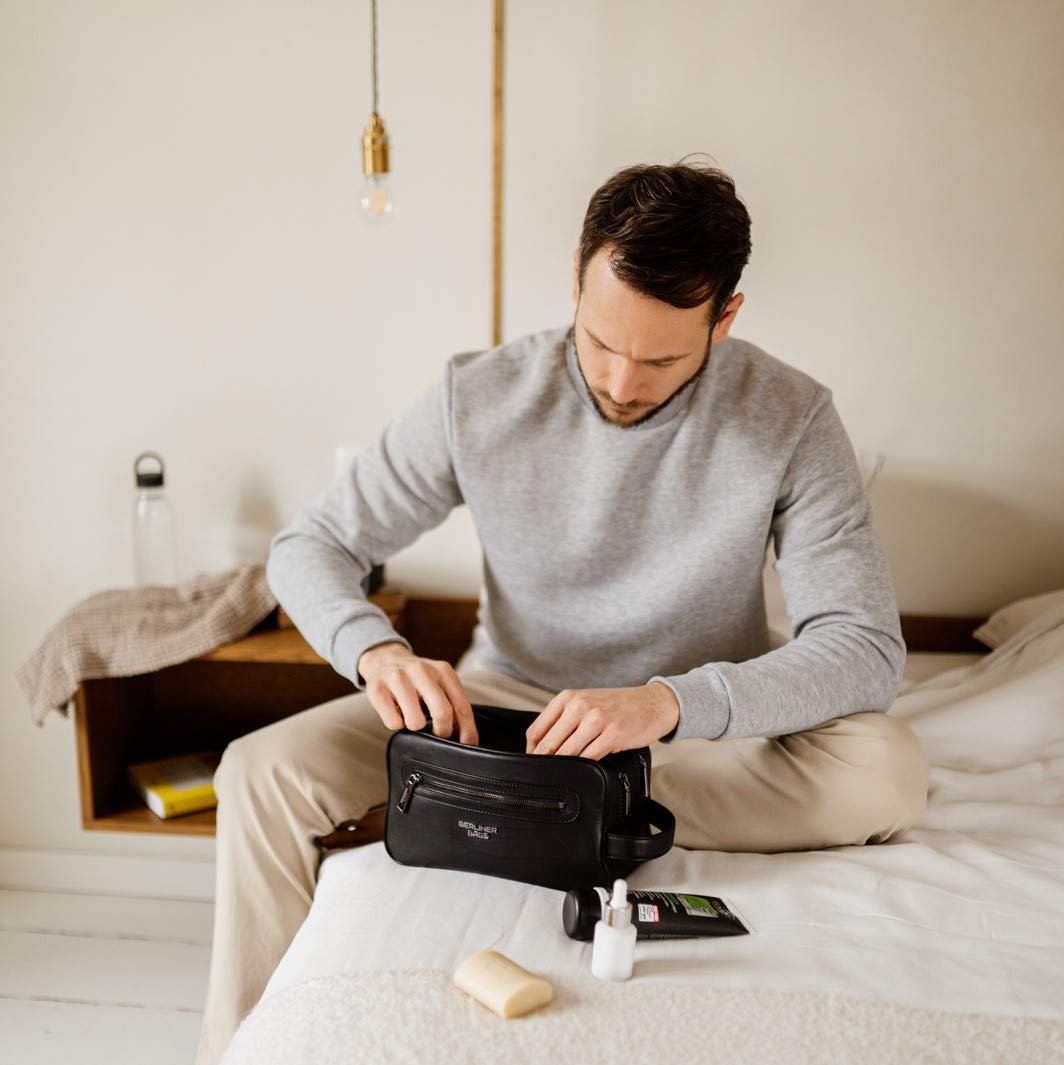 Premium Leather Toiletry Bag for Travel - BERLINER BAGS Max 2 Large Cosmetic Case for Men & Women (Black) | Perfect for Vacation, Gym & Business Trips