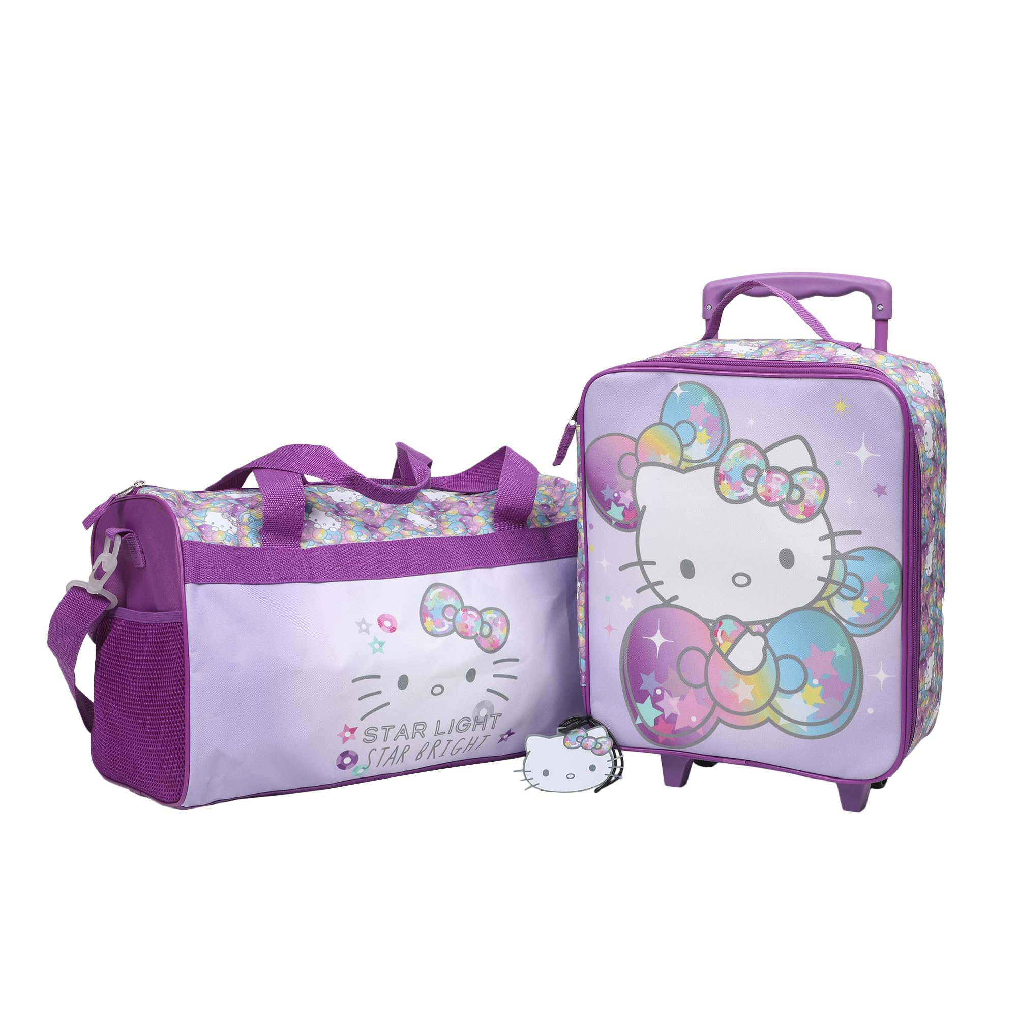 Bioworld Hello Kitty Starshine 3-Piece Youth Travel Set - Pilot Case, Duffle Bag & Luggage Tag - Cute Carry-On for Girls Airplane Trips & Sleepovers