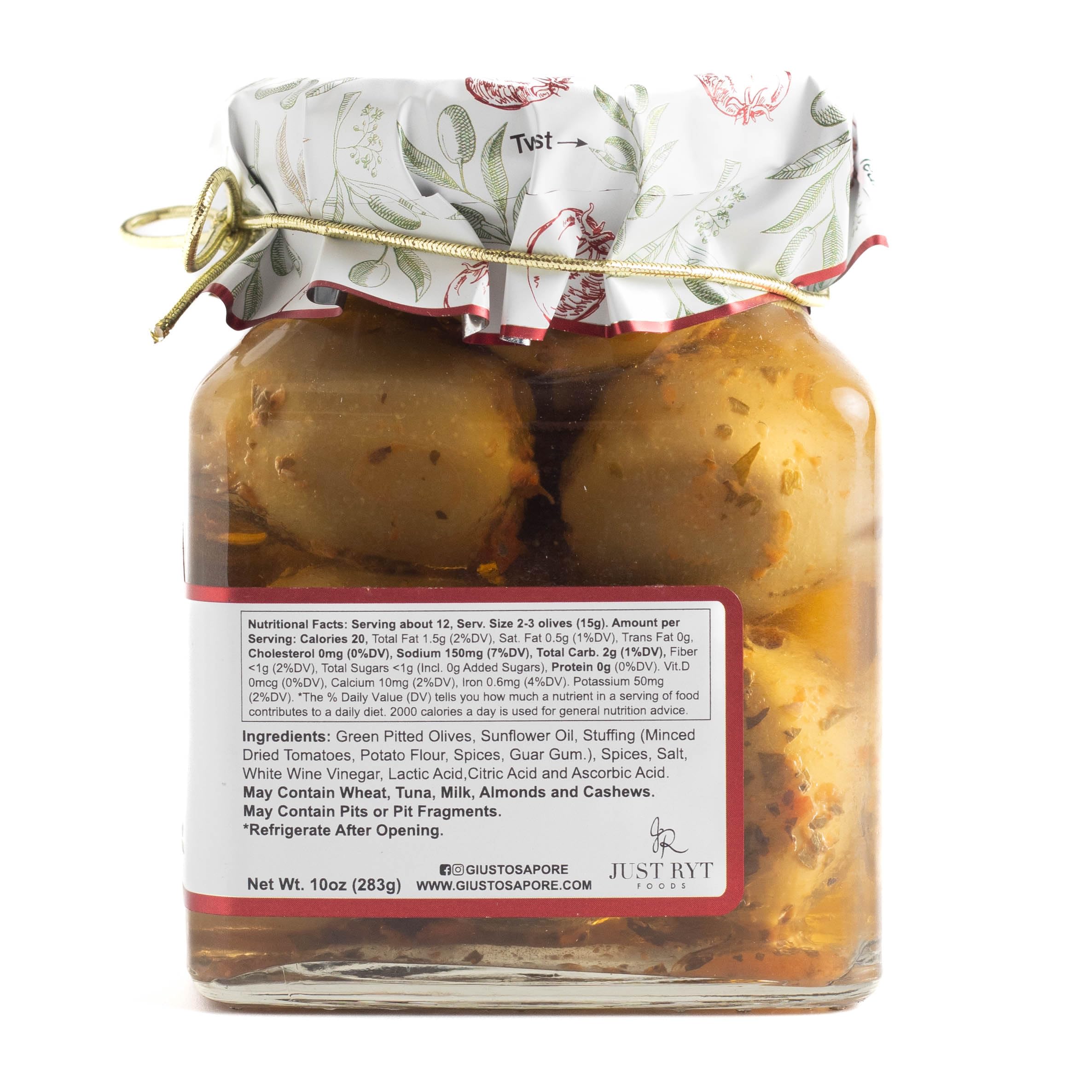Premium Giusto Sapore Sun-Dried Tomato Stuffed Olives 10oz Jar - Perfect for Charcuterie Boards, Antipasto Platters & Gourmet Appetizers