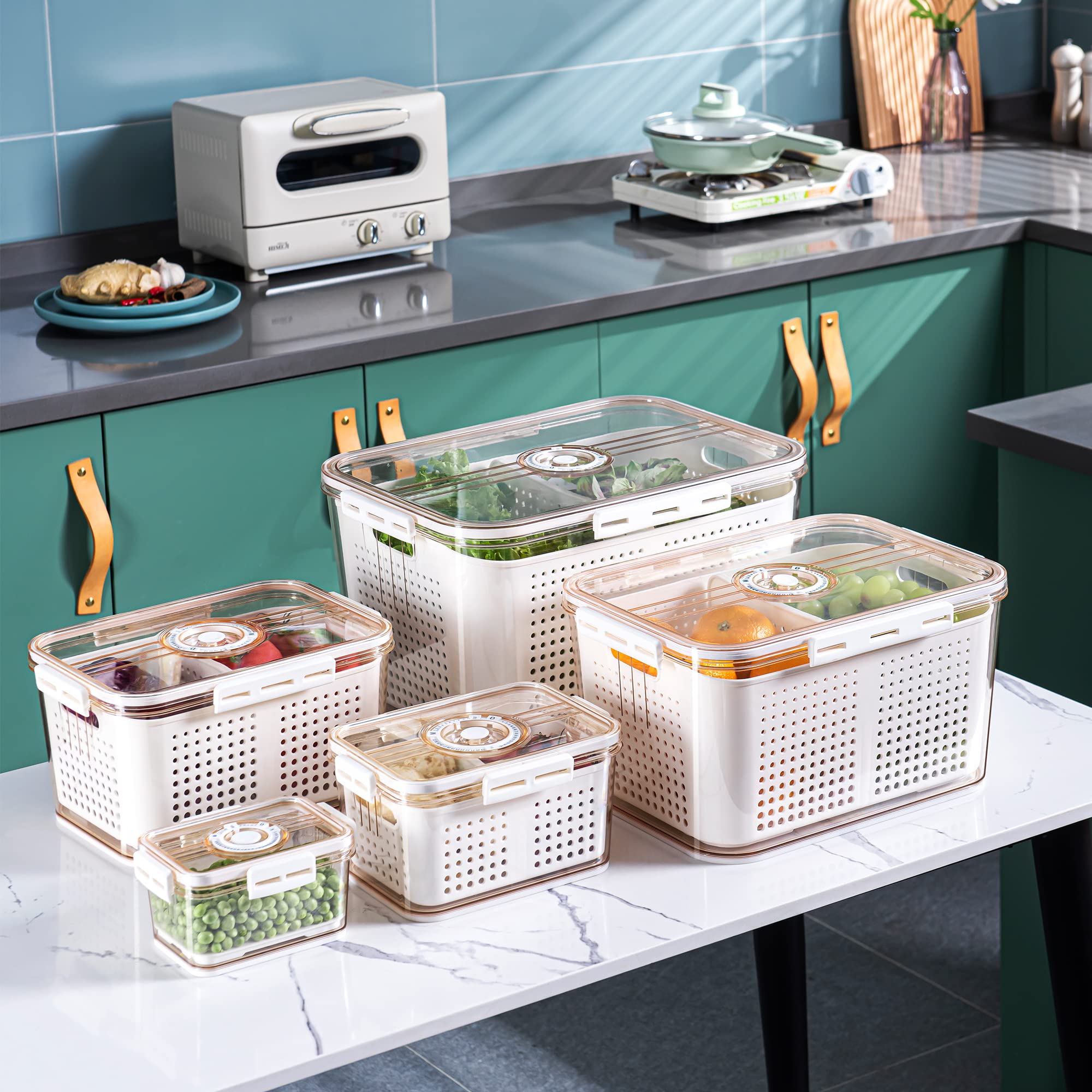 Stackable Refrigerator Organizer Bins - 3-Piece Fresh Vegetable & Fruit Storage Containers Set with Drain Tray & Adjustable Dividers | Perfect for Organizing Veggies, Fruits, Lettuce, Salad in Your Fridge