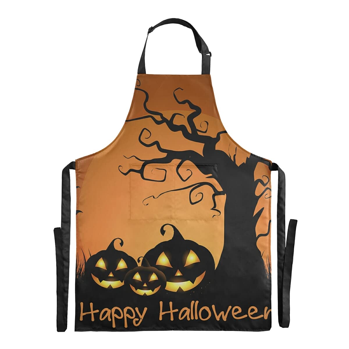 Spooky Tree Halloween Bib Apron - Waterproof Funny Kitchen Apron for Restaurant, Salon, Cafe - Adjustable Straps & Large Pocket - Perfect for Adults, Stepdads - Great for Cooking, Serving, Halloween Parties & Themed Events