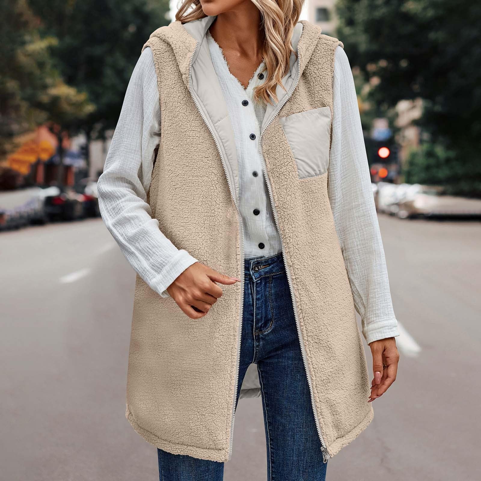 Women's Fleece Vest Sleeveless Zip Up Hooded Jacket - Soft Fuzzy Sherpa Lined Winter Coat with Pockets, Warm Waistcoat Body Warmer for Outdoor Activities, Hiking & Casual Wear