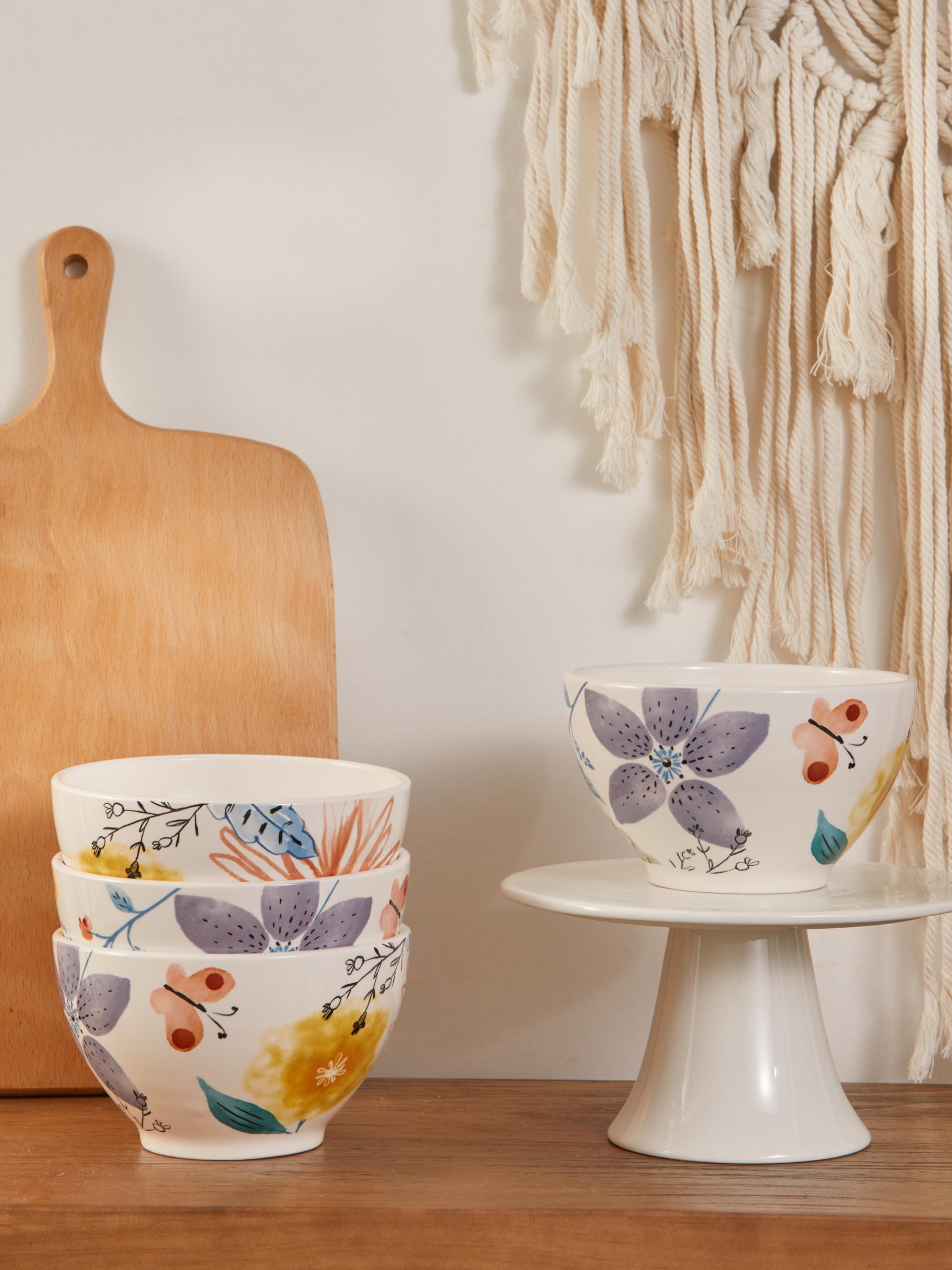 Bico Blossom Symphony 26oz Ceramic Bowls Set of 4 - Microwave & Dishwasher Safe Pasta, Salad, Cereal & Soup Bowls - Perfect for Family Dinners, Breakfast, and Entertaining Guests