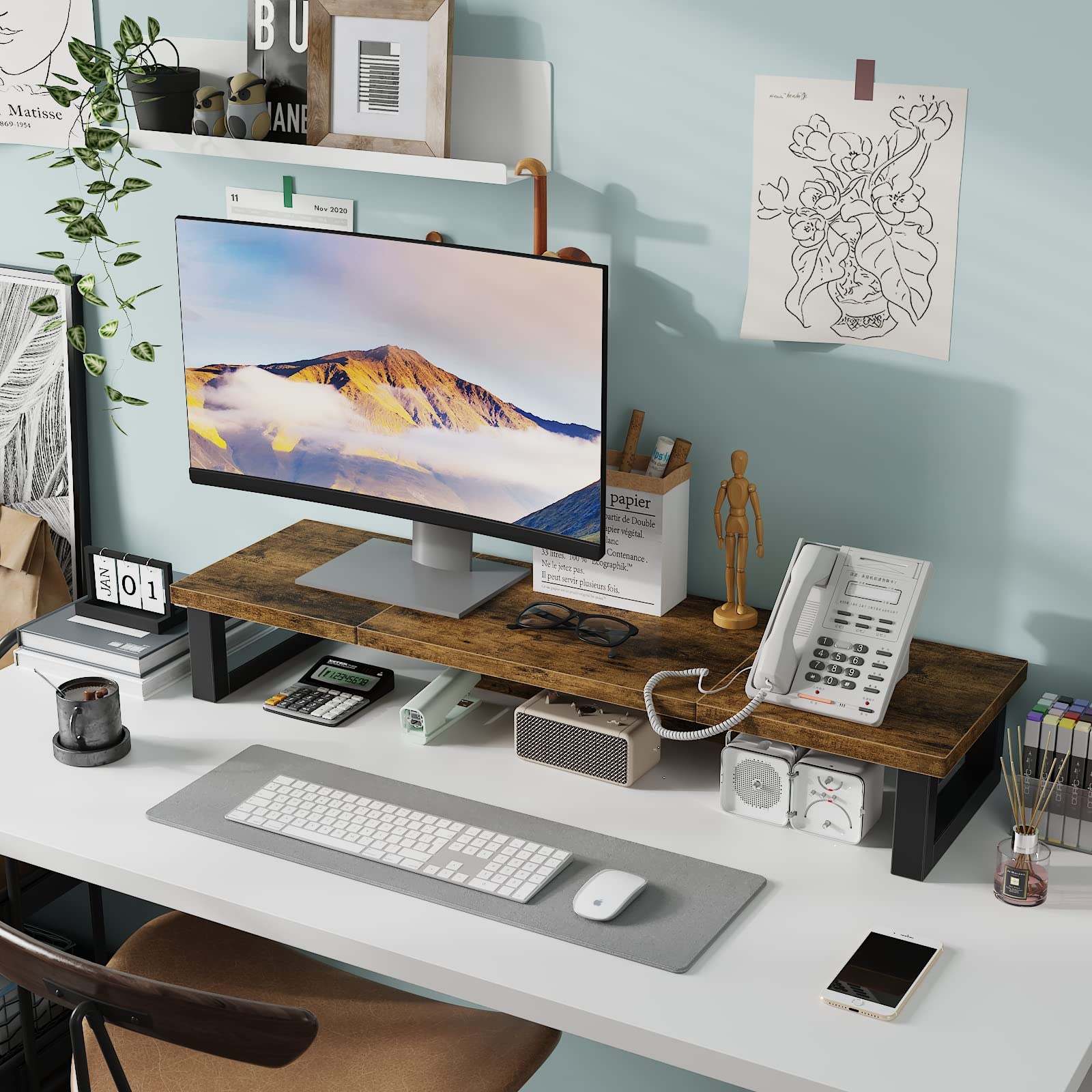 Premium WESTREE Dual Monitor Stand Riser - Sturdy Wood & Steel Computer Monitor Stand for 2 Screens - Multi-Purpose Desktop Organizer for PC, Laptop, Printer & TV - Perfect for Home Office, Gaming Setup & Workspace Organization