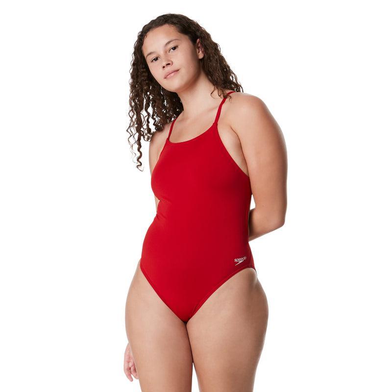 Speedo Women's Solid Strappy Fixed Back One Piece Swimsuit - Perfect for Lap Swimming, Water Aerobics & Beach Vacations