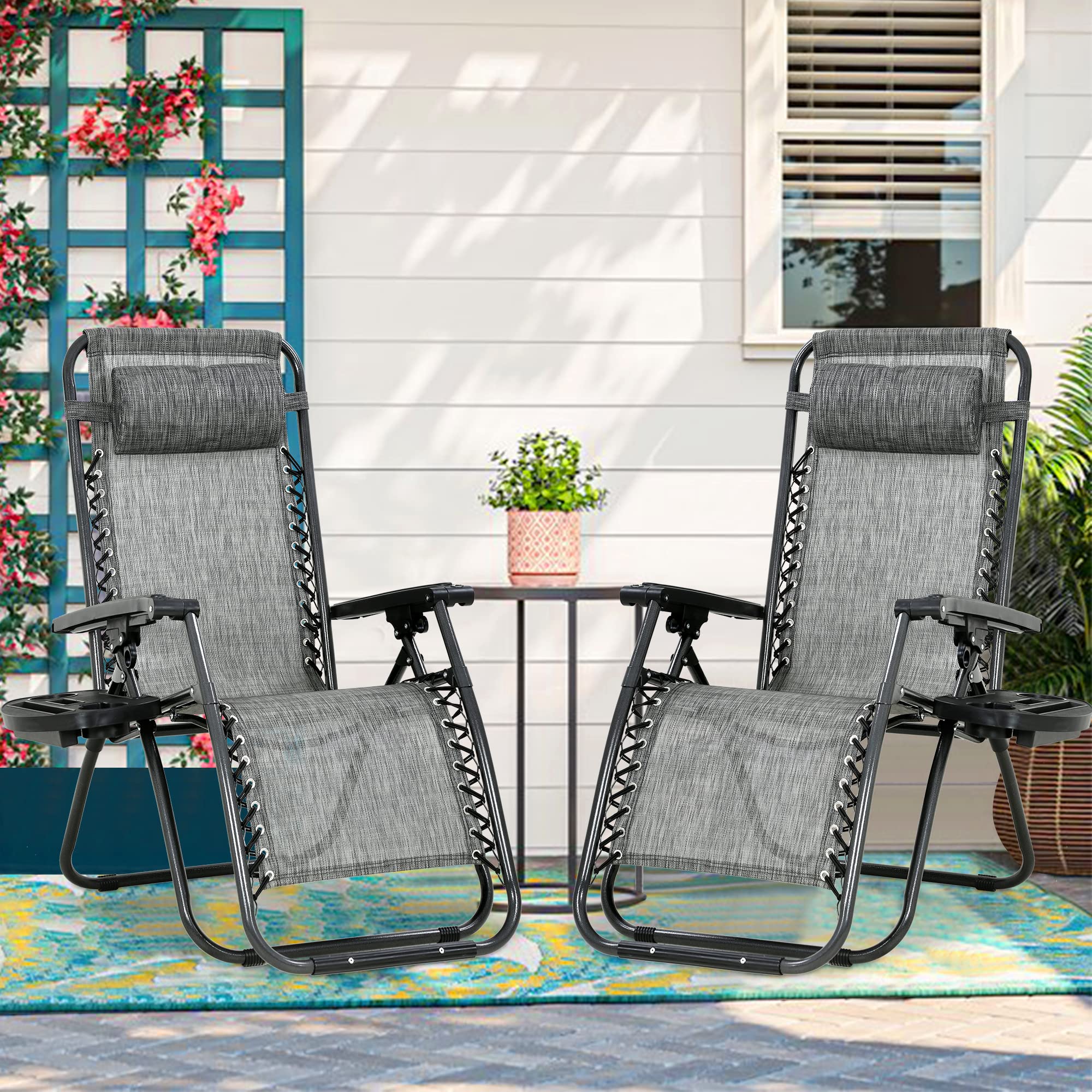 Zero Gravity Recliner Chair Set of 2 - Adjustable Outdoor Lounge Chairs with Headrest & Cup Holder for Patio, Backyard, Poolside, Beach & Camping - Perfect for Relaxing, Sunbathing & Outdoor Leisure