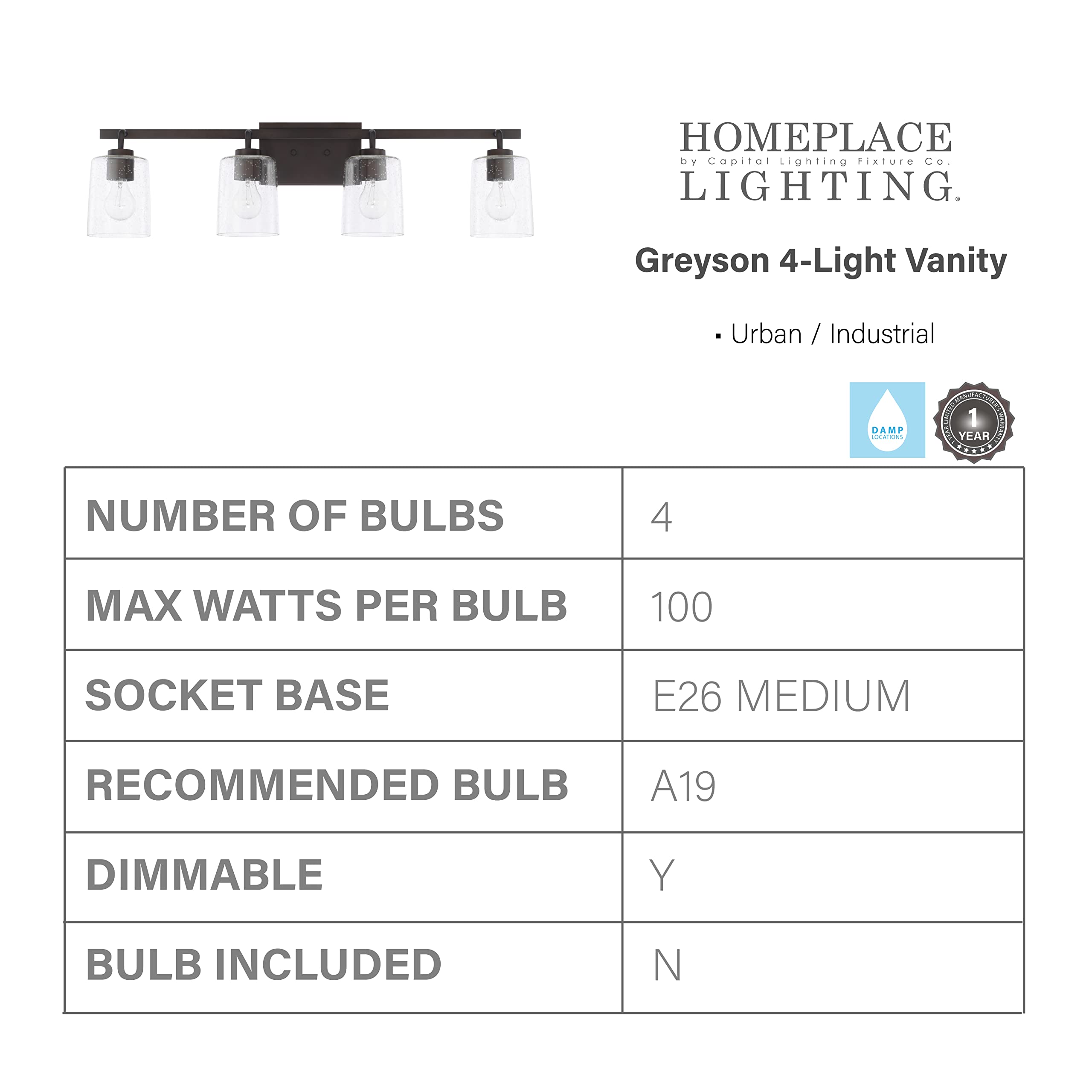 **Greyson Urban/Industrial Clear Seeded Glass Bathroom Vanity Wall Light - 4-Light Fixture, 400W, Bronze Finish (9