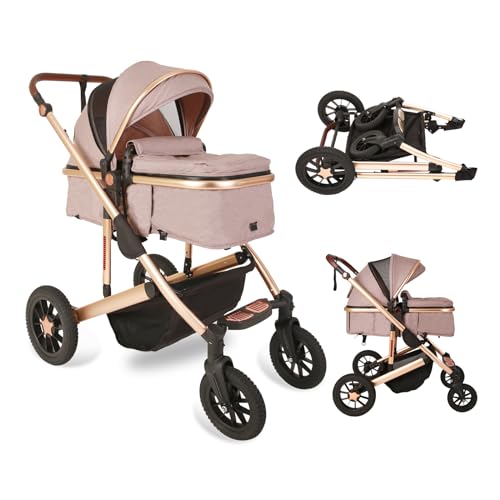 Trenana 2-in-1 Baby Stroller with Reversible Bassinet | Adjustable Backrest & Canopy | Foldable Lightweight Aluminum Alloy Frame | Shock-Absorbing Wheels for Newborns (Gold-Khaki) - Perfect for Park Walks, Shopping Trips & Traveling with Your Infant
