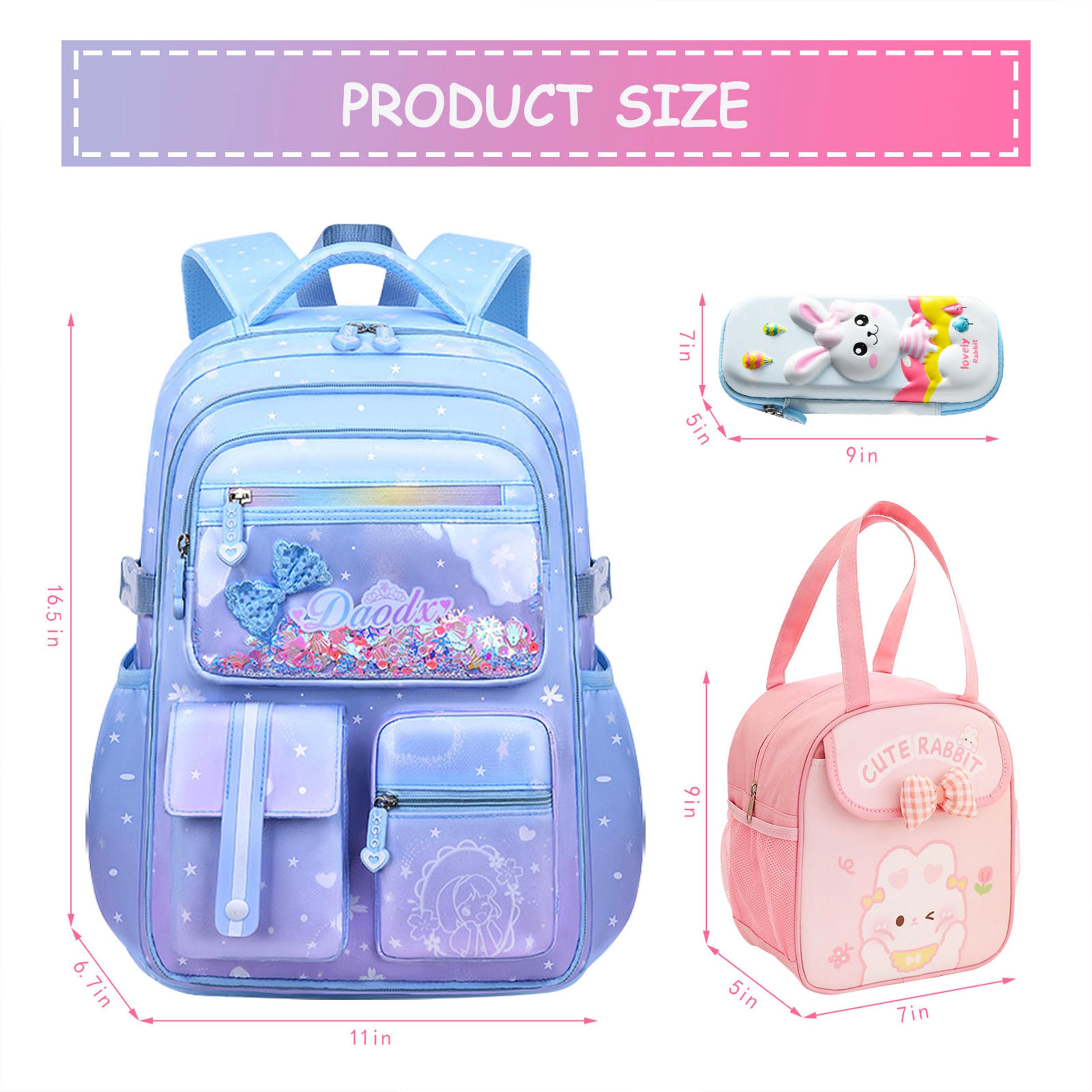 5PCS Kids Backpack Set - Cute School Backpack for Girls & Teens, Kawaii Laptop Bag with Multiple Pockets, Large Capacity 16.5 Inch Double Shoulder Backpack for Elementary School (Blue) - Perfect for School, Travel, and Daily Use