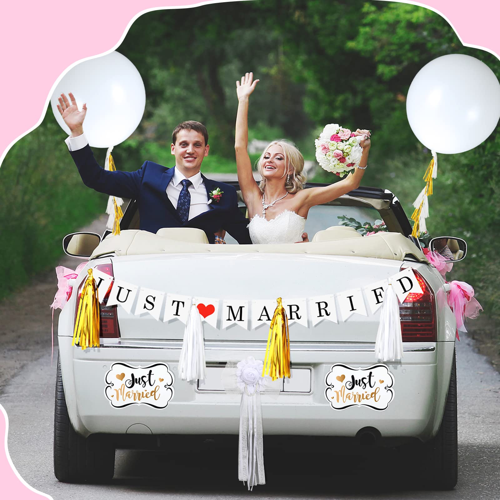 9 Pcs Just Married Car Decorations Set - Magnetic Wedding Car Signs, Banners, Decals & Silk Ribbon Flowers with Pearl Buds - Perfect for Bridal Sendoff, Wedding Procession & Honeymoon Getaway