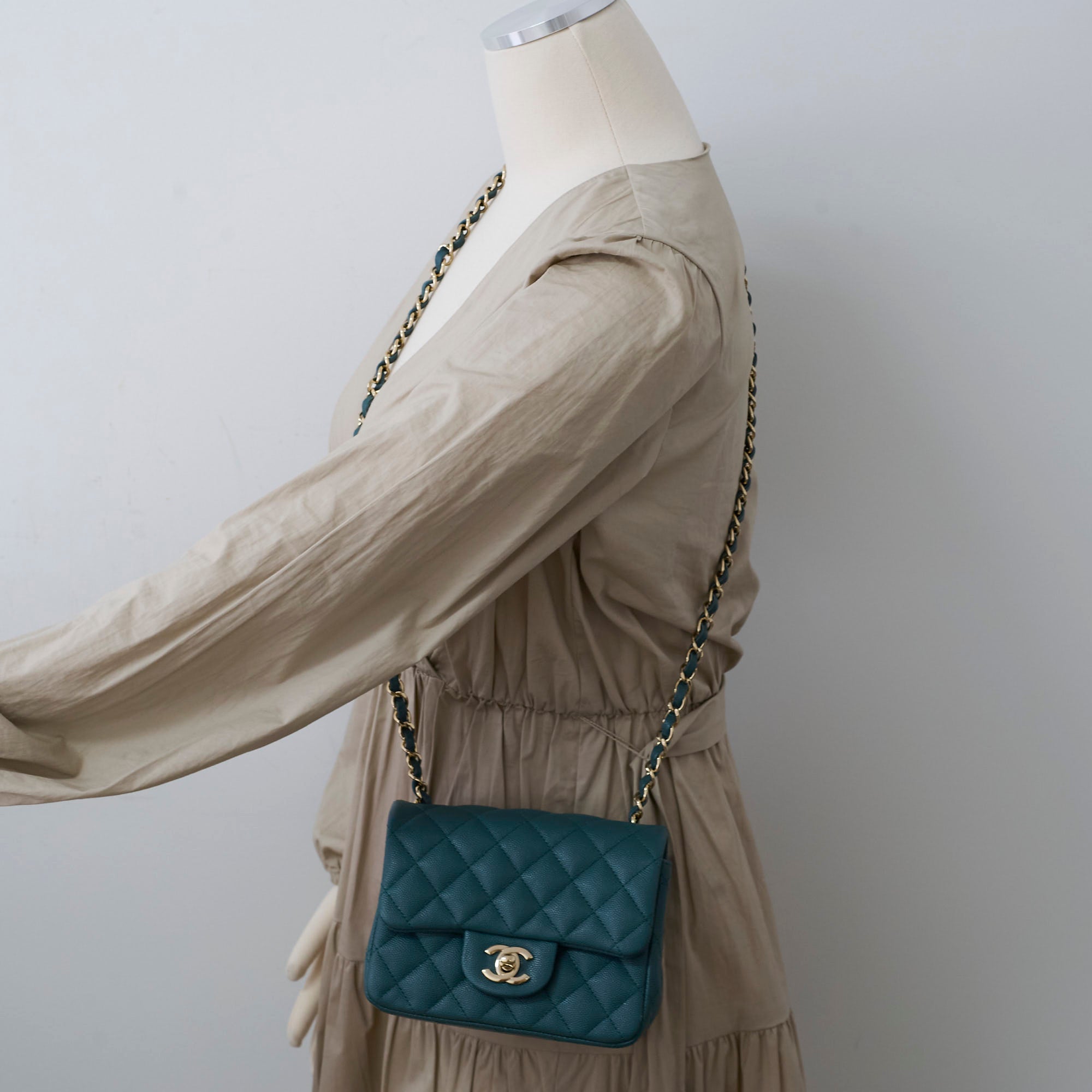 Chanel Caviar Mini Square Flap Bag Turquoise Leather Crossbody Purse for Women - Perfect for Parties, Dating & Special Occasions