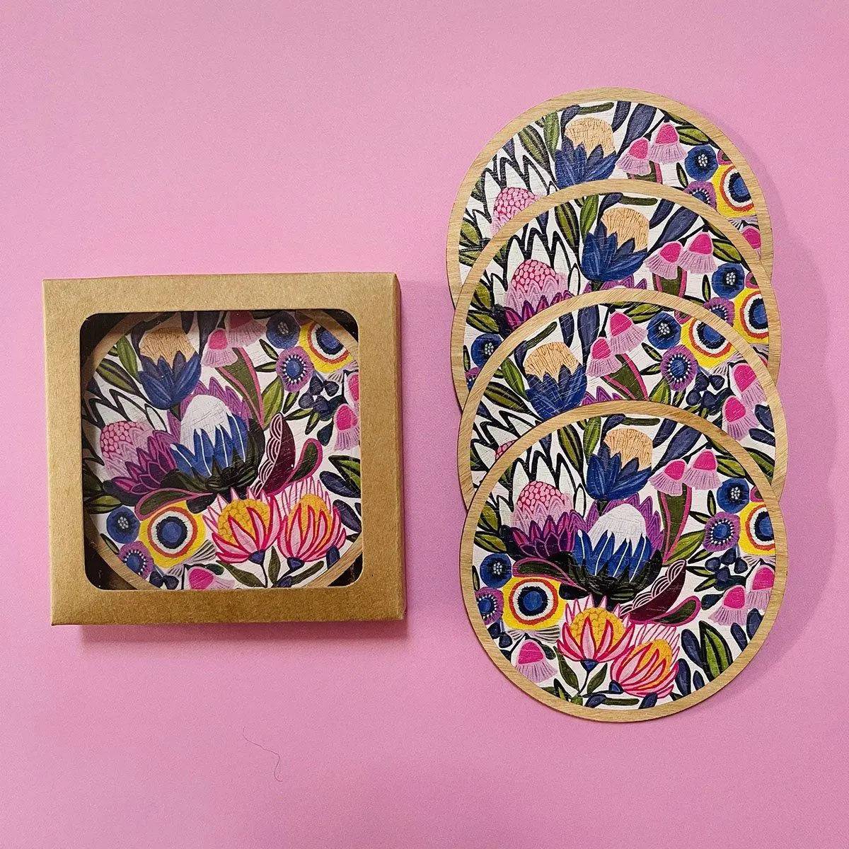 Premium Protea Magnifica Australian Wooden Coaster Set - 6-Piece Heat-Resistant Drink Coasters for Coffee Table, Bar, and Home Decor - Natural Wood Drink Holders for Wine, Beer, and Beverages