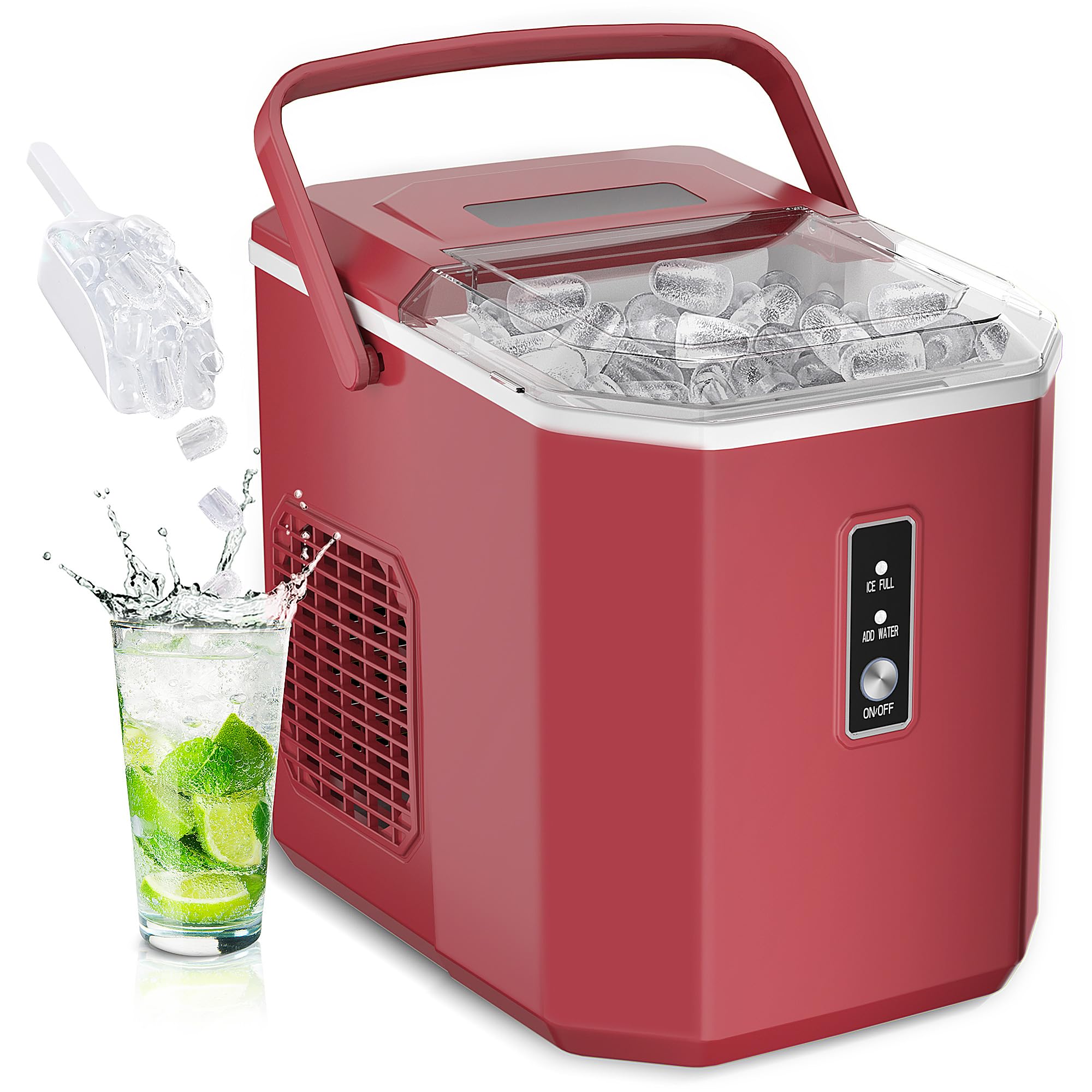 EUHOMY Portable Countertop Ice Maker - 9 Ice Cubes in 6 Minutes, 26lbs Daily Output, Self-Cleaning with Ice Scoop & Basket, Compact Ice Machine for Home, Kitchen, Office, RV, Camping & Parties (Red)