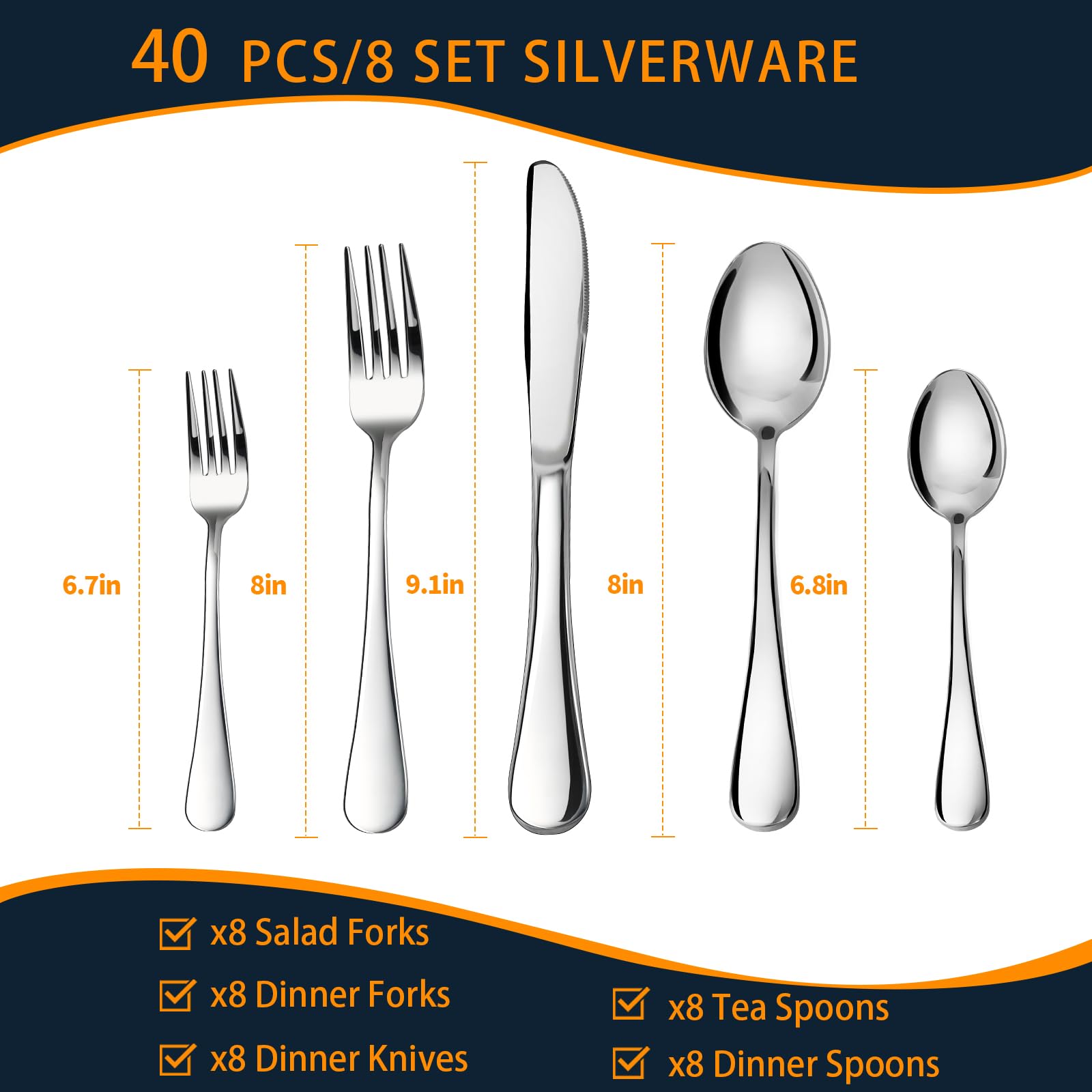 40-Piece Stainless Steel Silverware Set for 8 - Heavy Duty Mirror Polished Flatware with Forks, Spoons & Knives - Dishwasher Safe Cutlery Set for Home Kitchen, Restaurants & Dinner Parties