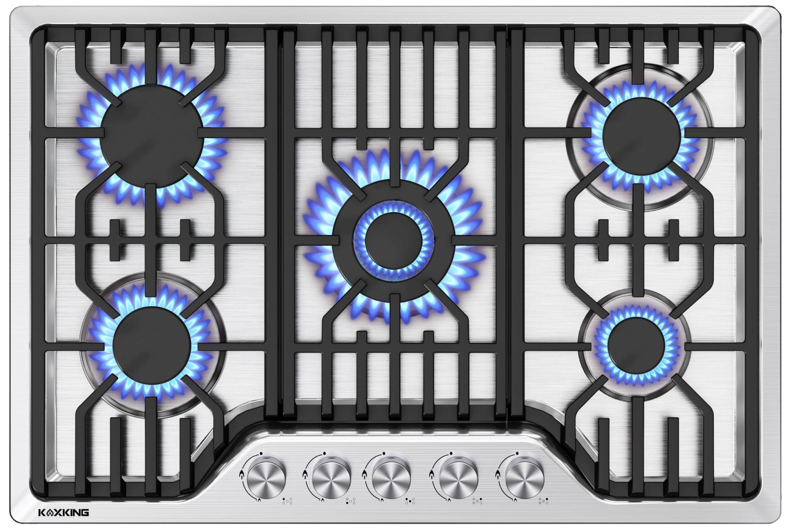 30 Inch 5 Burner Dual Fuel Gas Cooktop - Built-in Stainless Steel Stove Top with Thermocouple Protection | NG/LPG Convertible for Safe & Efficient Cooking | Perfect for Home Kitchens & Outdoor Cooking Areas