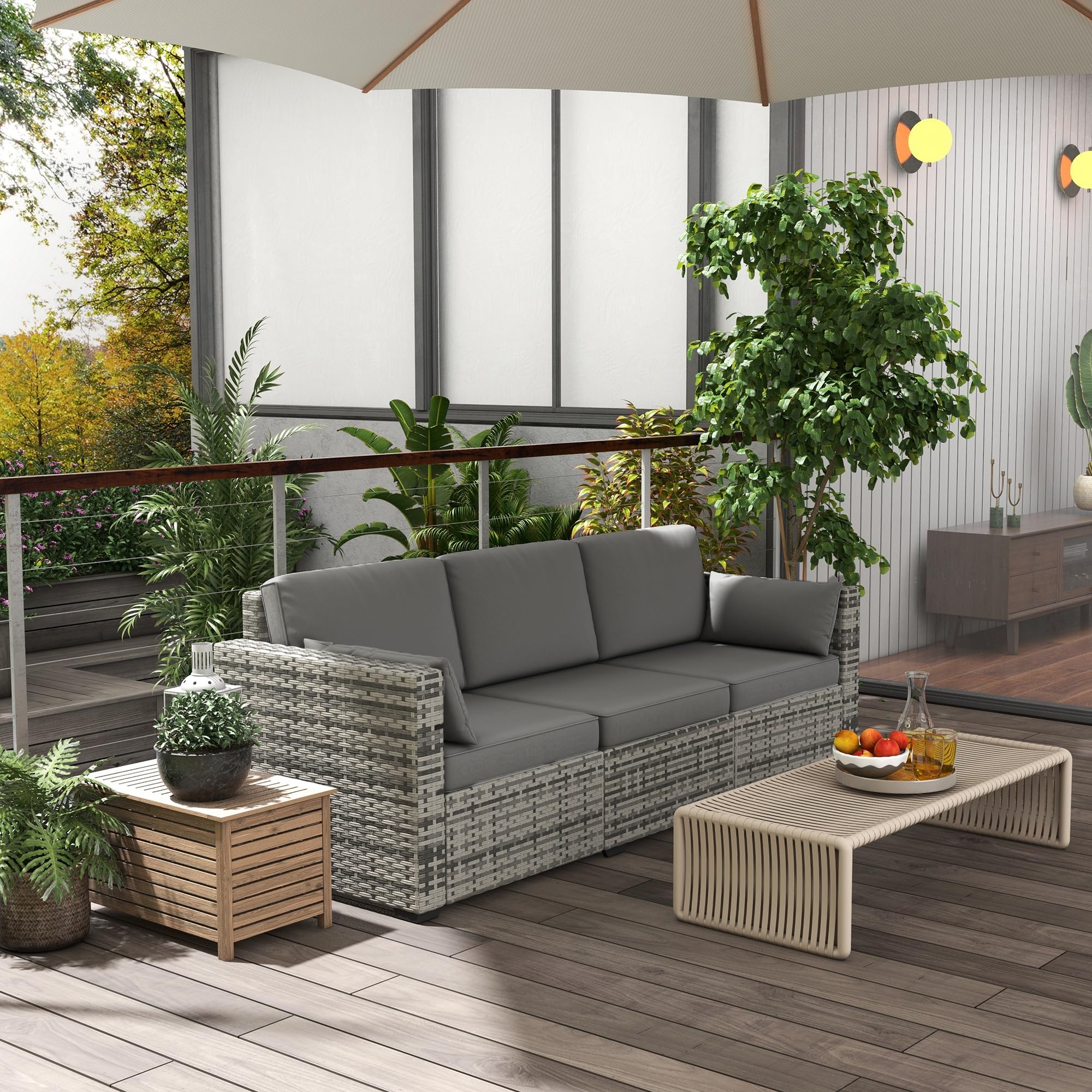 Outsunny 3-Seater PE Wicker Outdoor Sofa with Removable Cushions - Gray Rattan Patio Furniture for Balcony, Deck, Garden & Poolside | Perfect for Relaxing, Entertaining & Outdoor Lounging