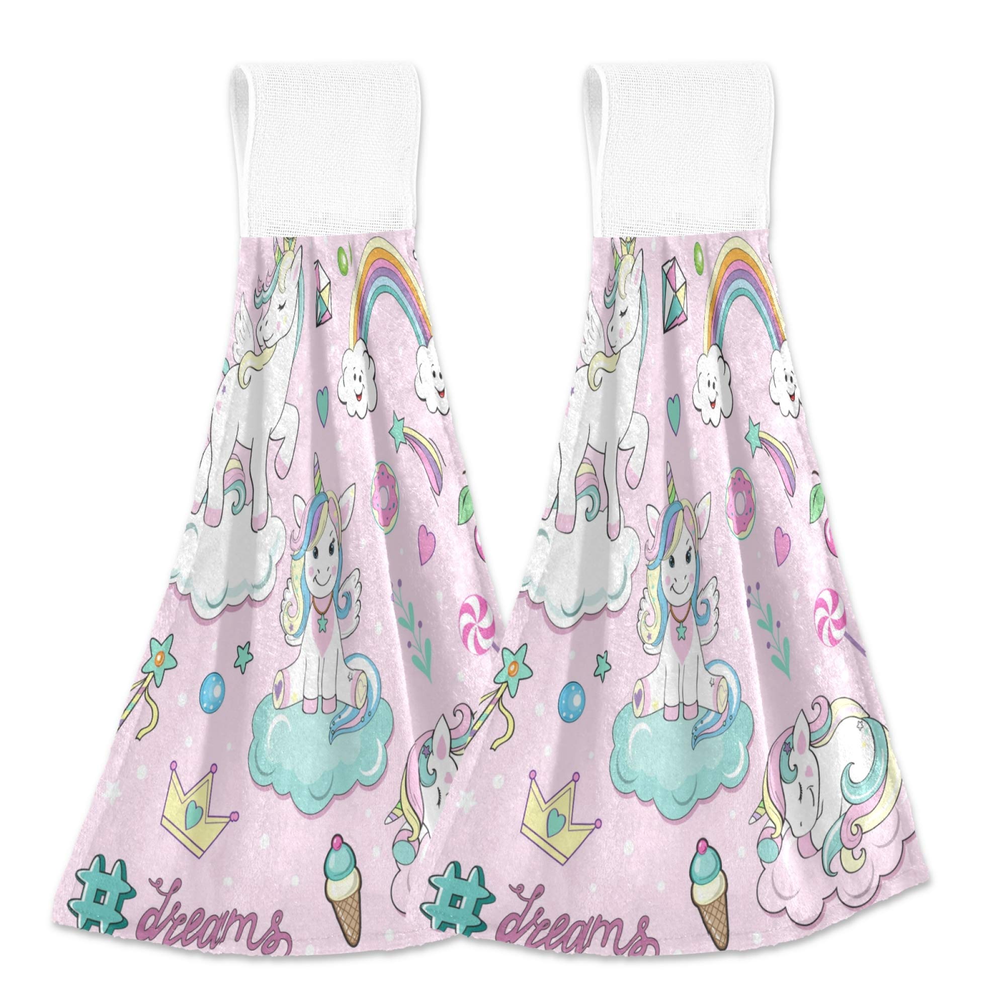 Rainbow Unicorn Cloud Pattern Hanging Kitchen Towels - Fast Drying Absorbent Dish & Tea Towels for Bathroom, Tabletop, Gym - Set of 2 - Perfect for Home Decor, Kitchen Cleaning, and Hand Drying