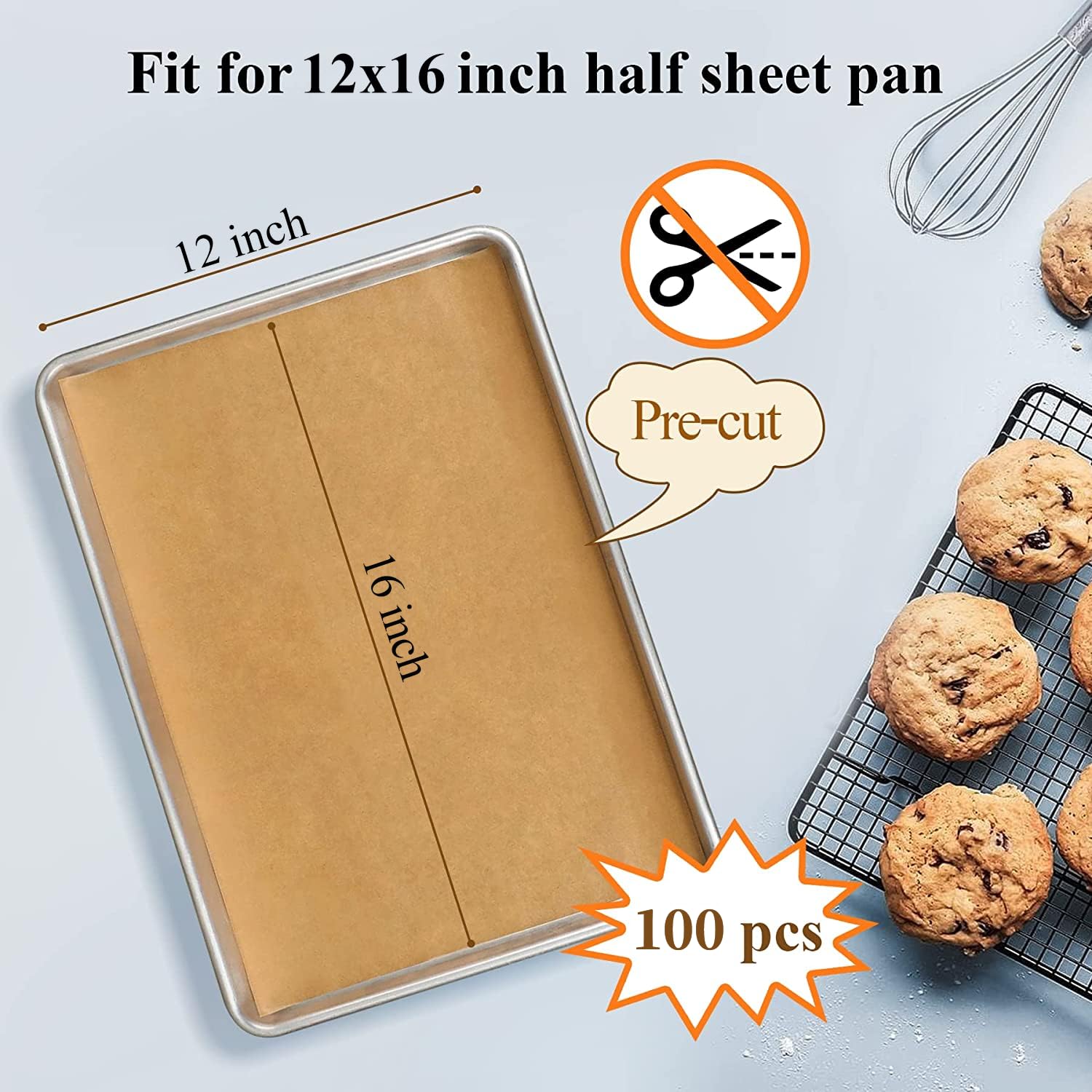 100PCS Unbleached Parchment Paper Sheets 12x16 Inch - Precut Baking Paper for Cookies, Cakes & Pastries - Half Sheet Pan Liner for Oven, Air Fryer & Toaster - Non-Stick Kitchen Baking Supplies for Home Bakers & Professional Chefs