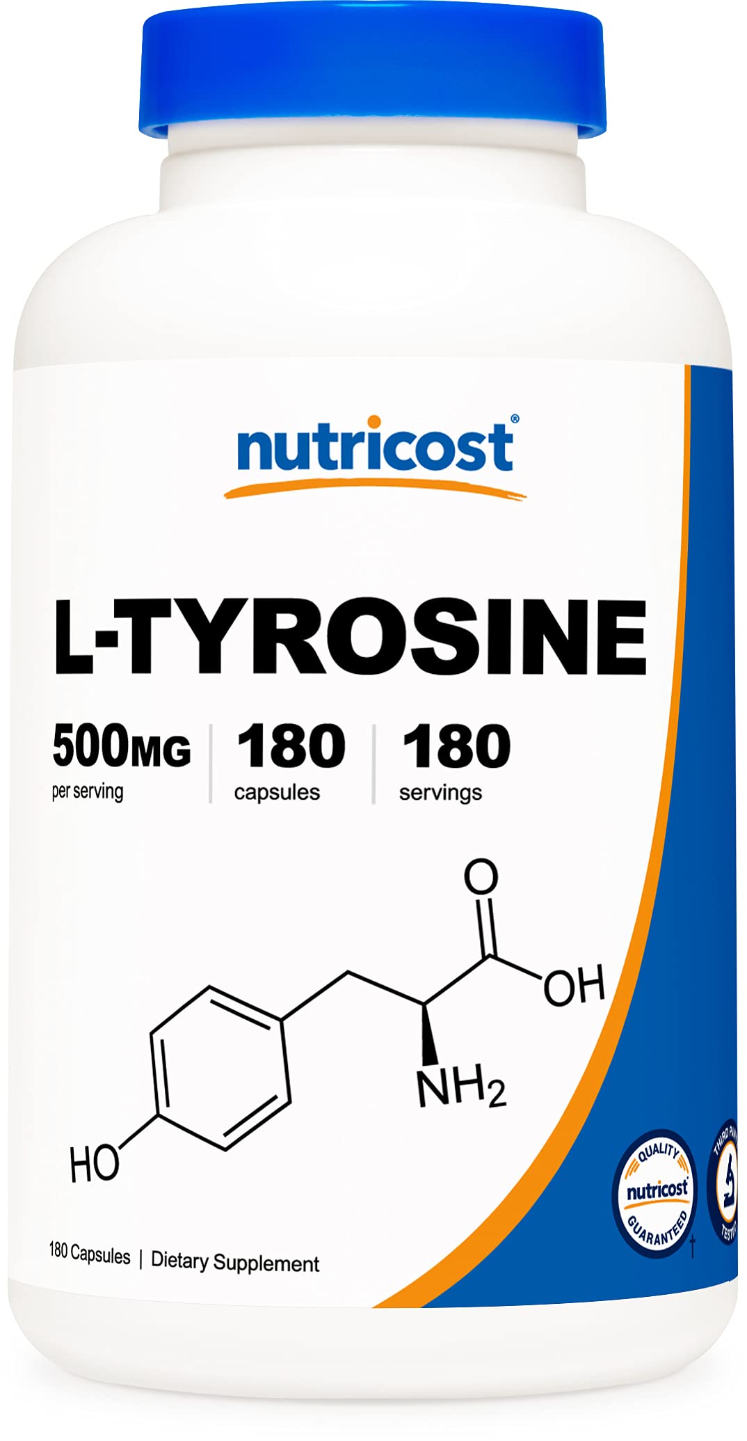 Nutricost L-Tyrosine 500mg, 180 Capsules - Gluten Free, Non-GMO Supplement for Focus, Energy & Stress Relief - Supports Cognitive Function & Mood Enhancement - Perfect for Work, Study & Daily Wellness