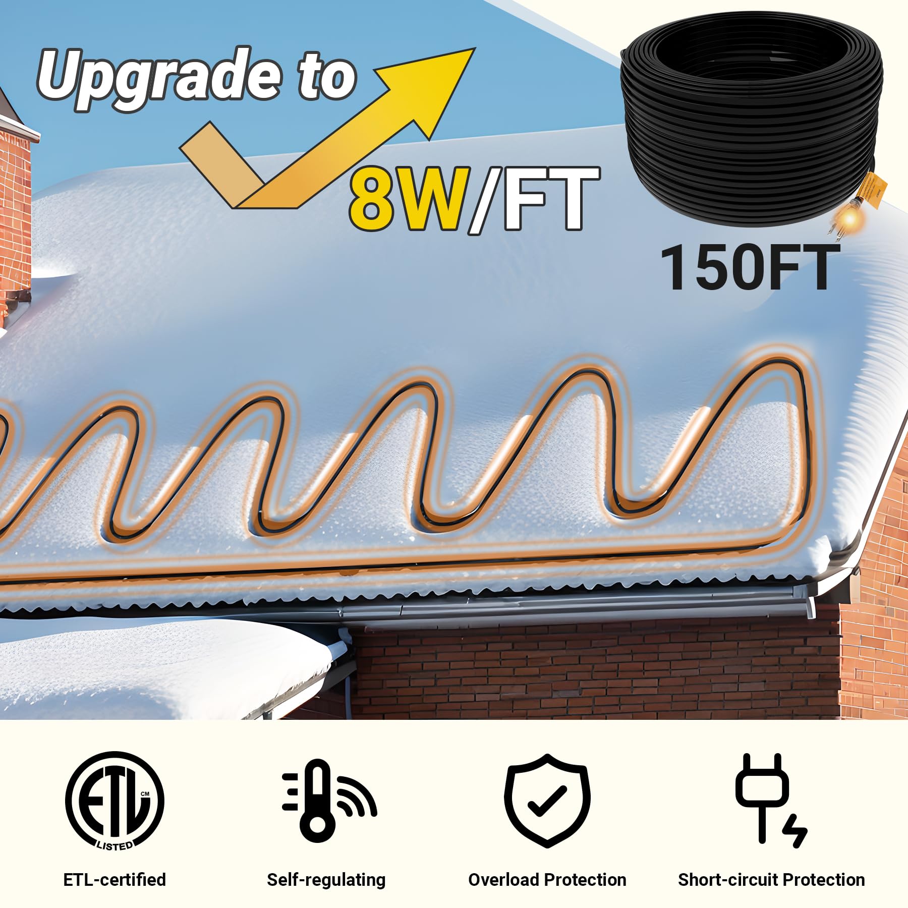 Self-Regulating Heat Tape for Roof and Gutters - 150FT, 8 Watts/ft Roof Heating Cable with 60PCS Clips & Spacers, LED Plug - Prevent Ice Dams & Pipe Freeze - Ideal for Winter Roof Protection, Gutter Heating, and Snow Melting
