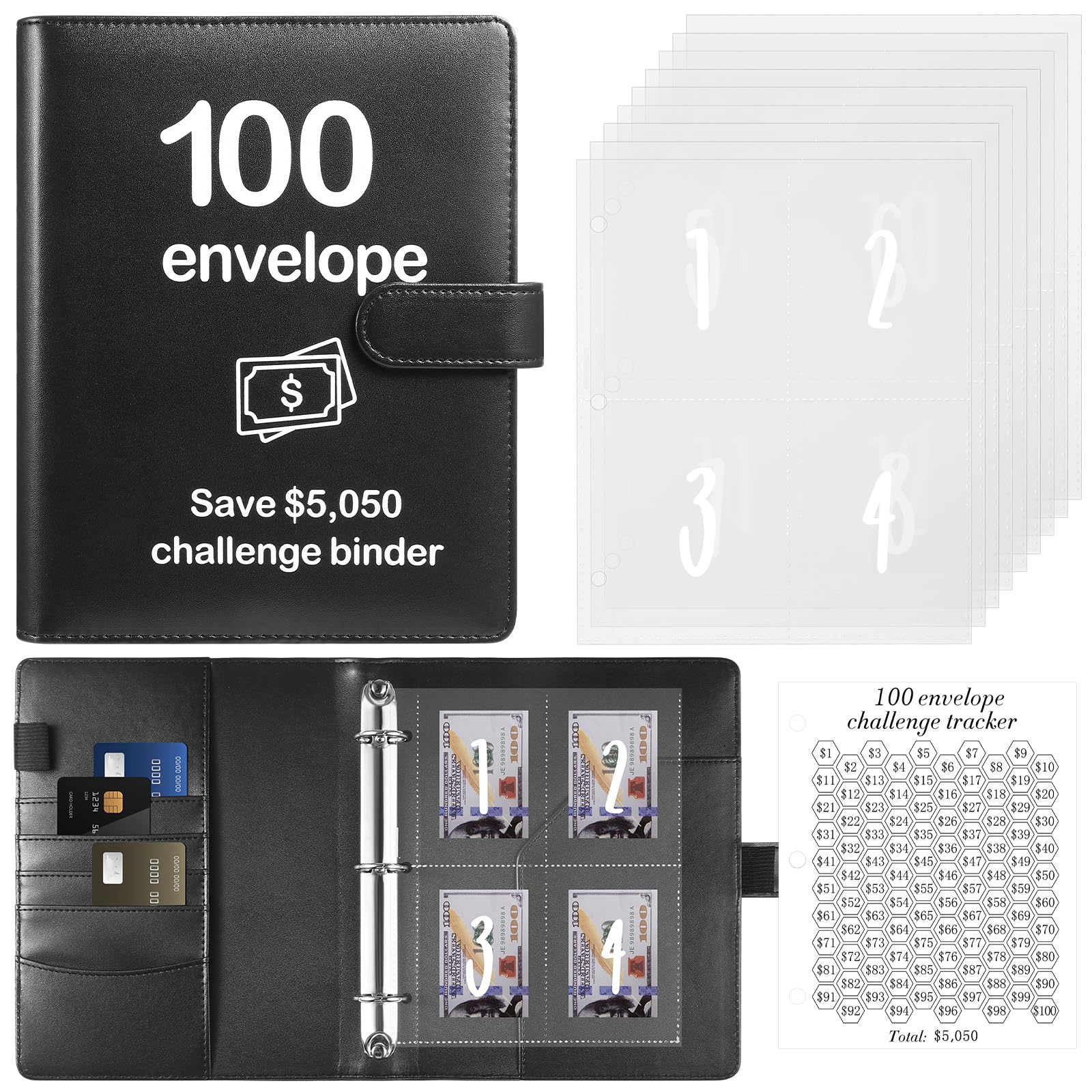 100 Envelopes Money Saving Challenge Binder with Laminated Tracker - Budget Organizer with Cash Envelopes - Save $5,050 Easily - Personal Finance Tool for Cash Budgeting & Debt Free Journey - Perfect for Home Budgeting & Financial Planning (Black)