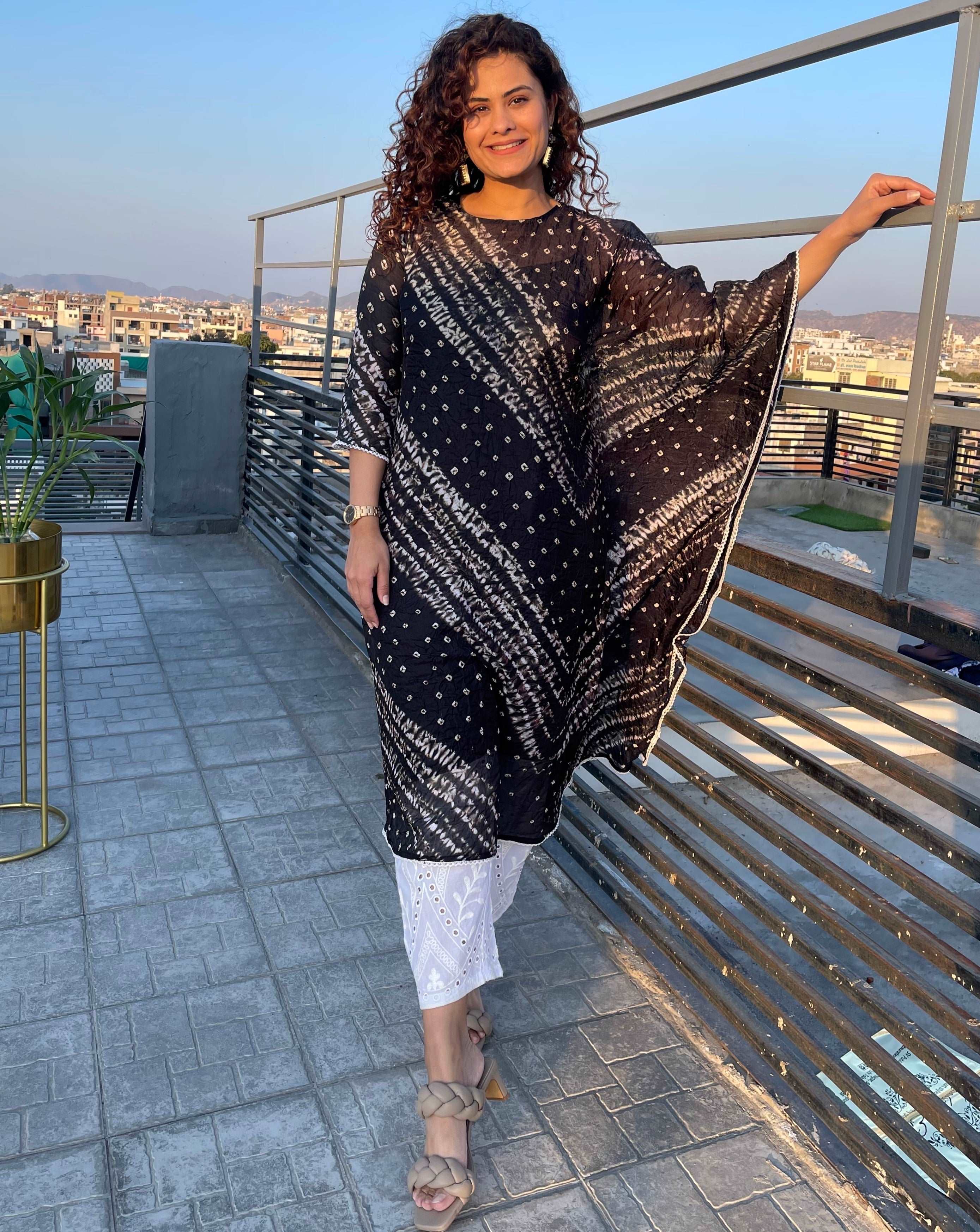 Stylish Black Bandhani Festive Kaftan Set for Women - Traditional Indian Ethnic Wear for Parties, Weddings & Festive Occasions