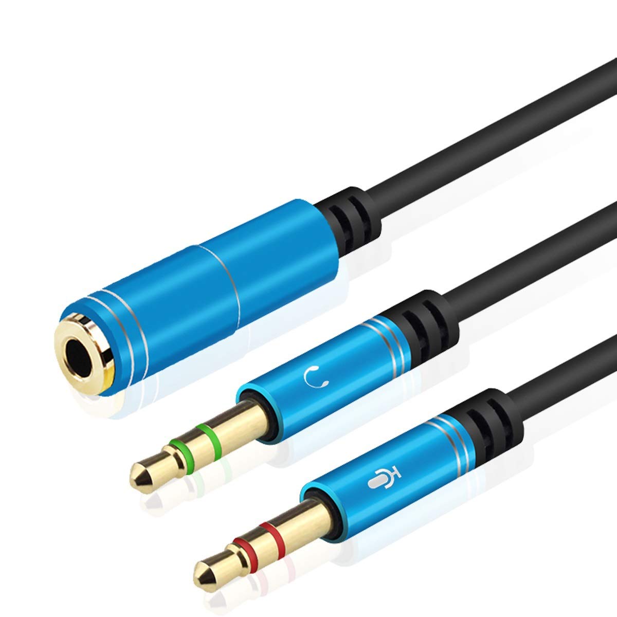 3.5mm Headphone Splitter Cable - Y Adapter for PC & Computer (Female to Dual Male) - Mic & Audio Jack Splitter for Gaming, Streaming & Conference Calls (Blue)