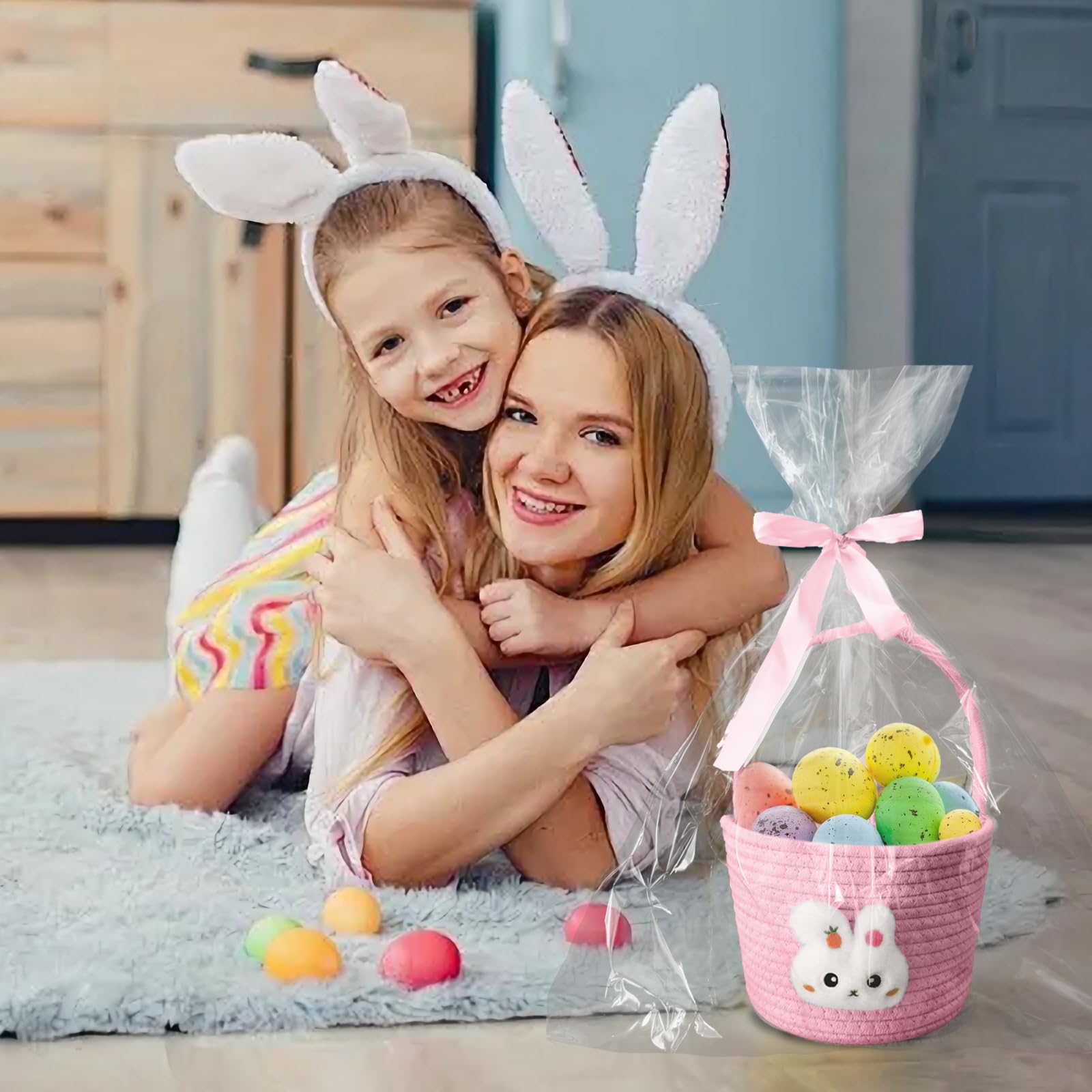 Easter Basket for Kids - Woven Cotton Rope Bunny Basket with Gift Bags & Ribbons for Girls, Boys, Toddlers & Babies (Pink) - Perfect for Easter Egg Hunts, Spring Celebrations & Gift Giving