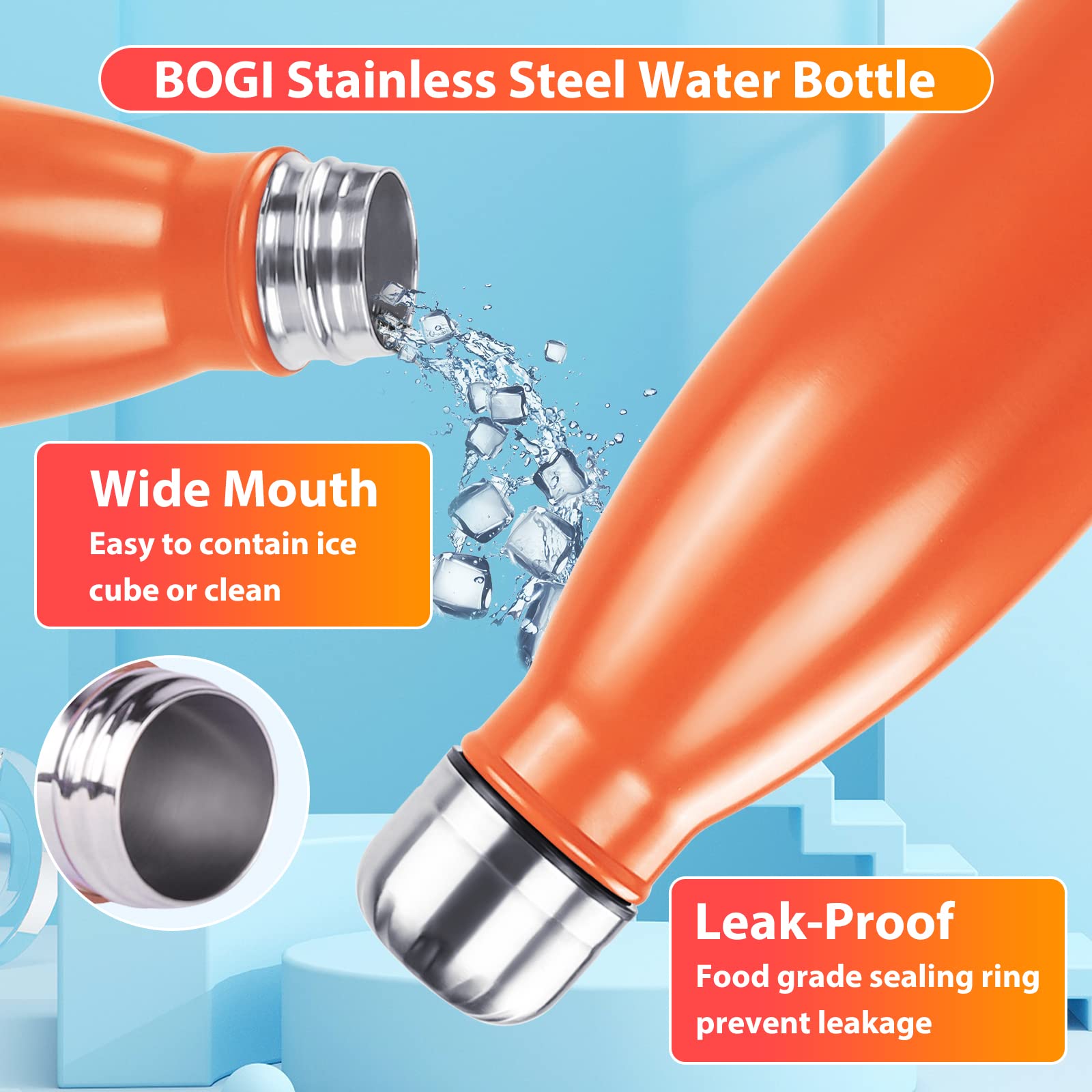 BOGI 17oz Double Wall Vacuum Insulated Stainless Steel Water Bottle - Leak Proof, Keeps Drinks Hot & Cold for 24 Hours - Perfect for Outdoor Sports, Camping, Hiking, Gym & Office (Orange)