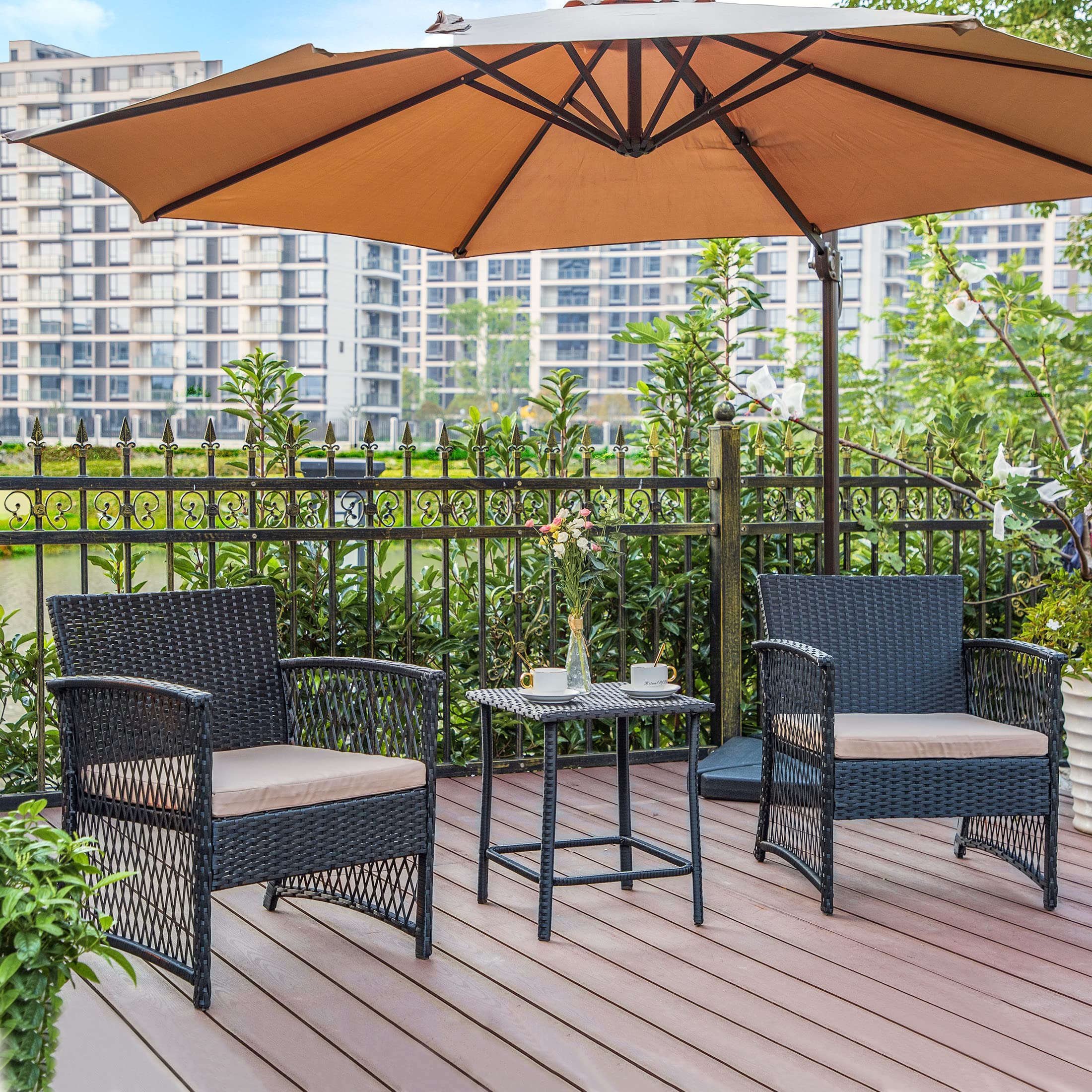 WestinTrends Melvi 3-Piece All-Weather PE Rattan Patio Furniture Set - Outdoor Wicker Bistro & Conversation Set in Black & Beige - Perfect for Backyard, Garden, Poolside & Balcony Relaxation
