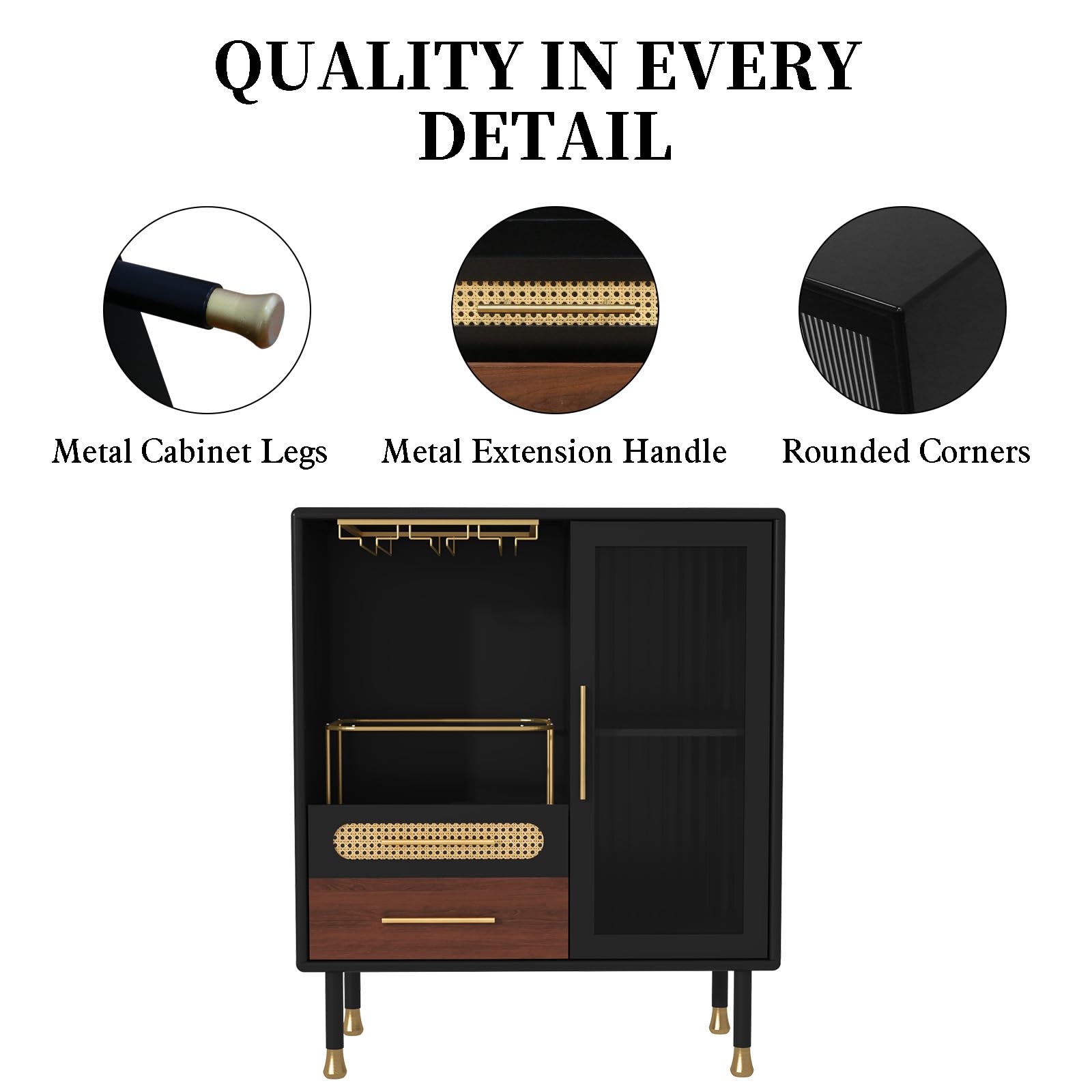 Modern Coffee Bar Cabinet with Wine Glass Rack & Storage Drawers - Black Kitchen Liquor Cabinet with Pull-Out Wine Rack for Dining Room, Living Room & Home Bar - Perfect for Entertaining Guests & Stylish Home Decor