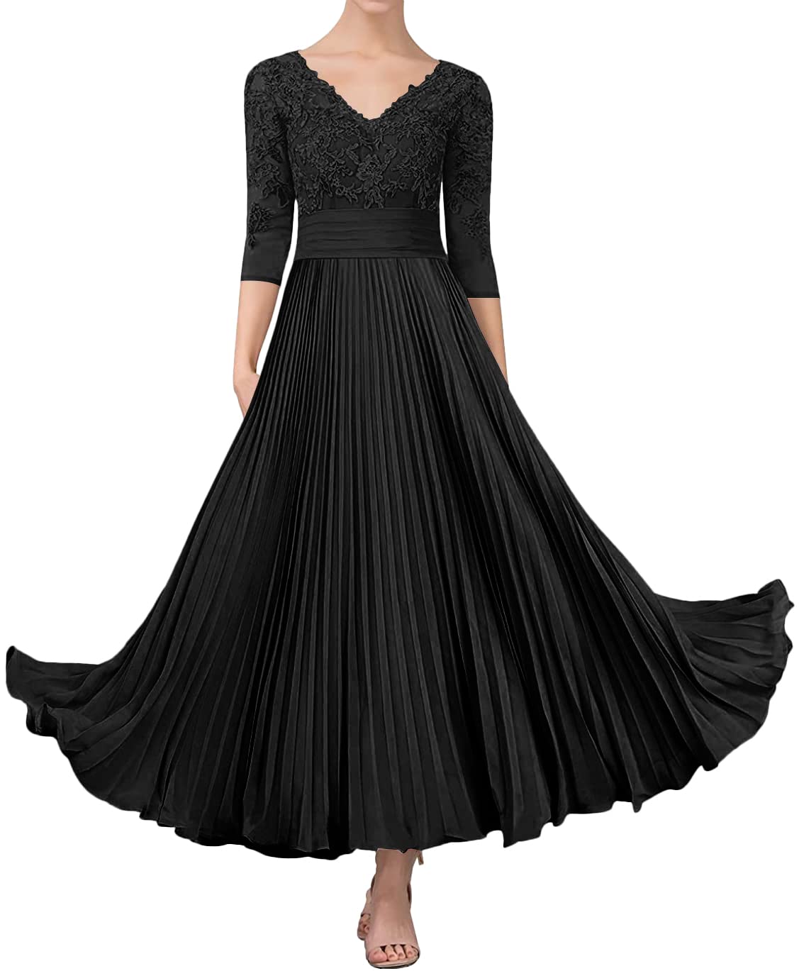Elegant Tea-Length Mother of The Bride Dress with Lace Sleeves - Formal Wedding Party Gown for Special Occasions | Perfect for Church Ceremonies, Evening Receptions & Anniversary Celebrations