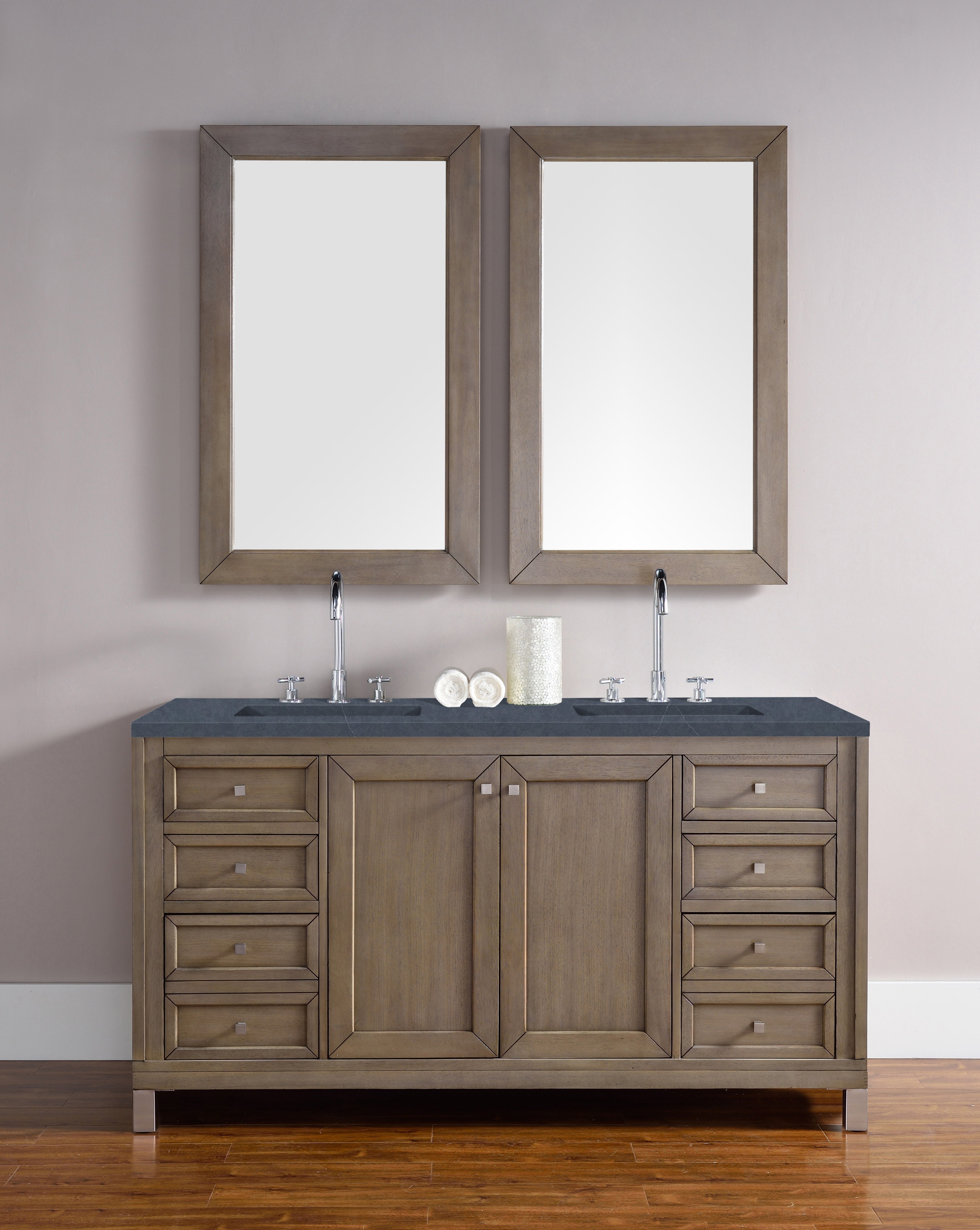 Chicago 60-Inch Double Vanity with Whitewashed Walnut Base & 3CM Charcoal Soapstone Quartz Countertop - Perfect for Modern Bathroom Renovation & Luxury Home Upgrade