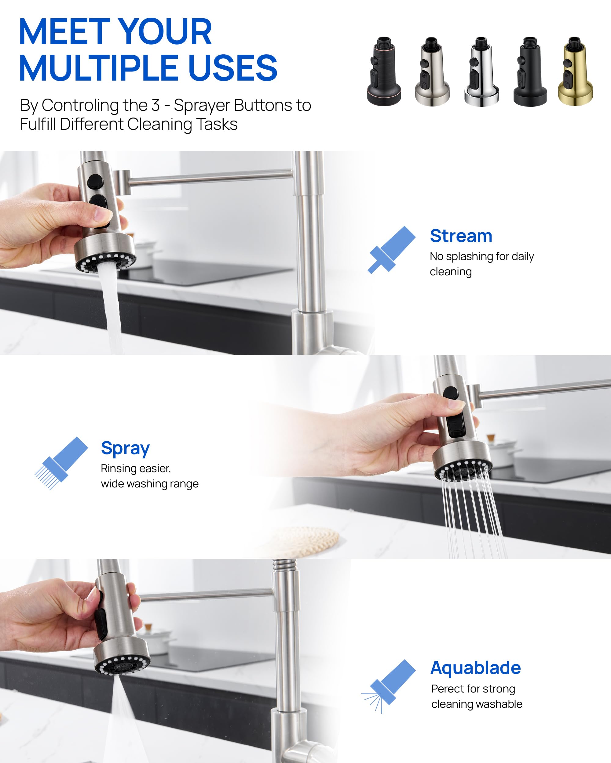 J-HVA 3 Function Pull Down Kitchen Faucet Sprayer Head Replacement with 15 Adapters - Brushed Nickel Pull Out Sink Spray Nozzle for Easy Dishwashing, Vegetable Cleaning & Sink Rinsing